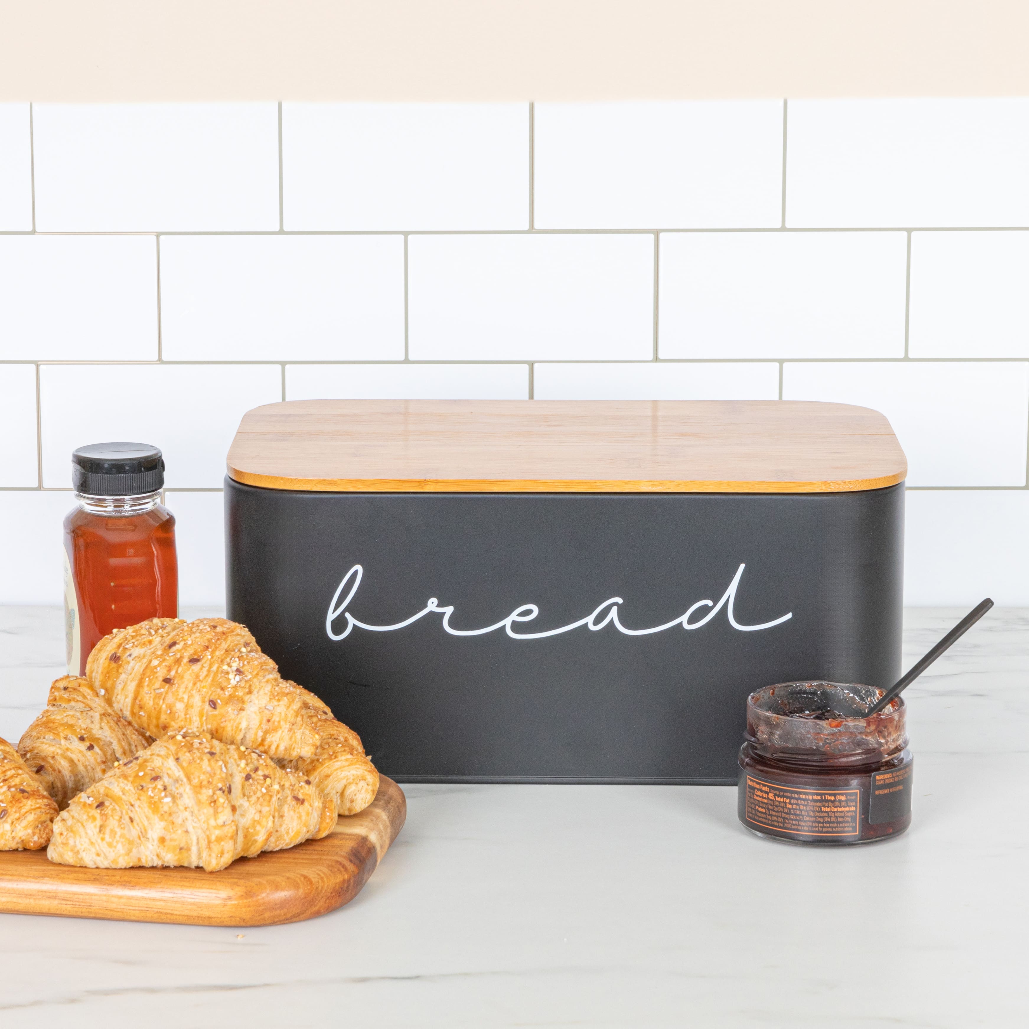 Hello Honey® 11.75" Black Metal Bread Bin with Bamboo Lid