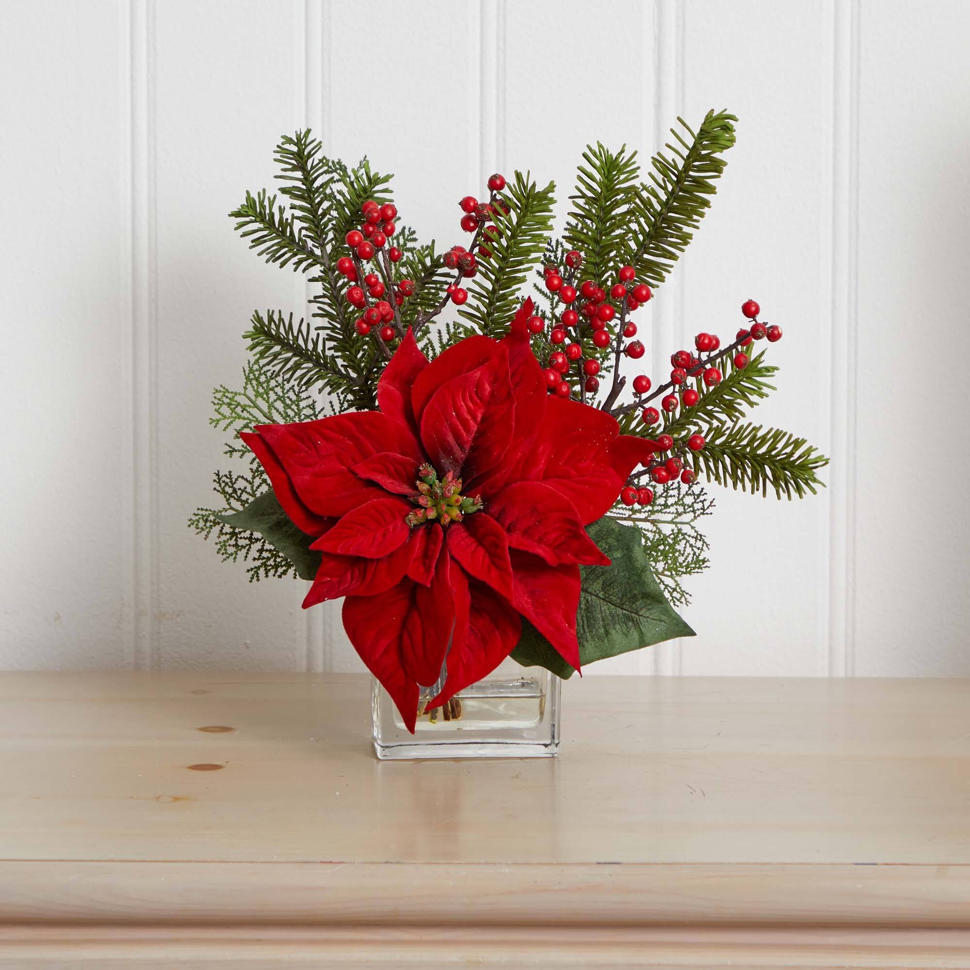 14&#x22; Potted Poinsettia, Pine &#x26; Berry Artificial Arrangement