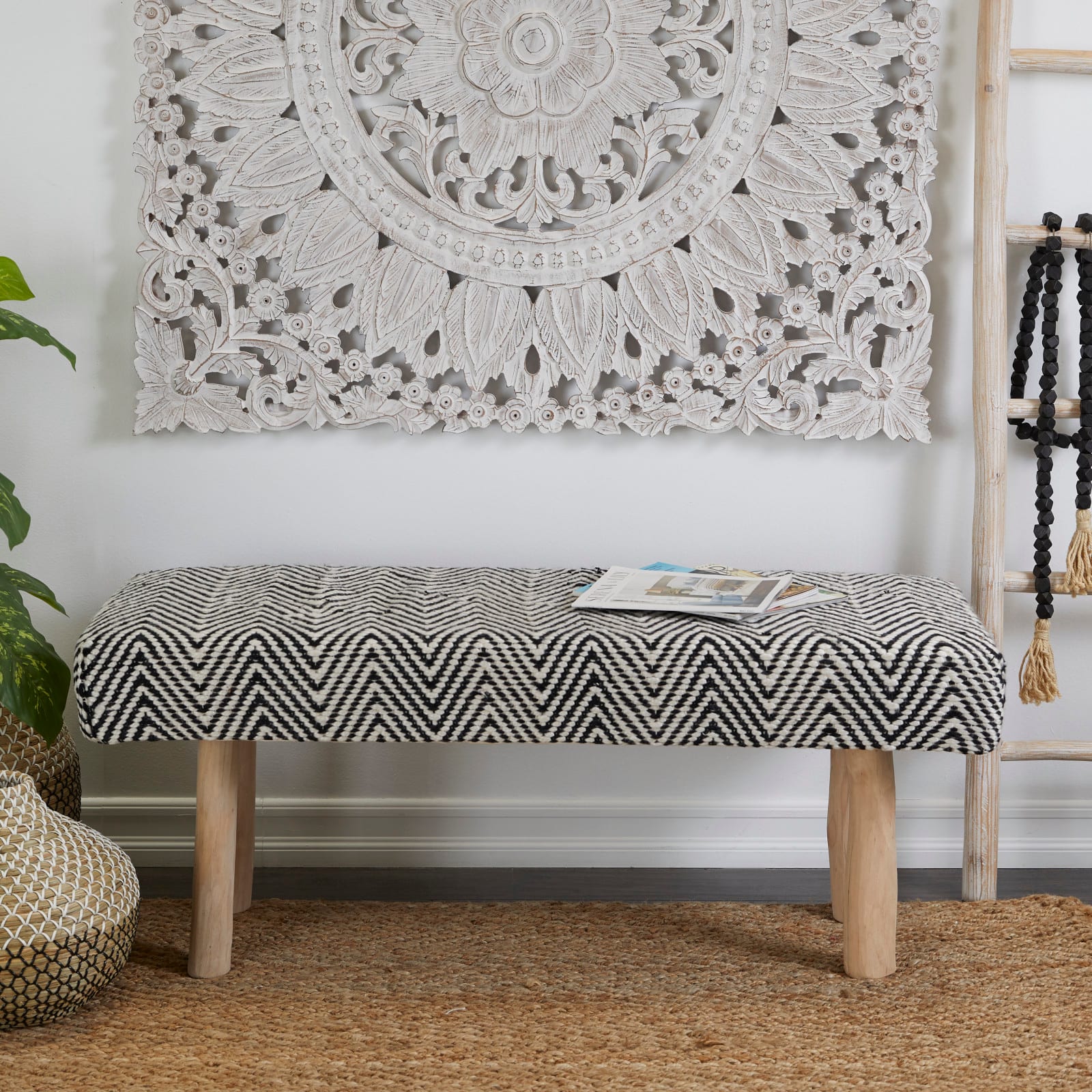 48&#x22; Black Wood Chevron Bench with Wood Legs