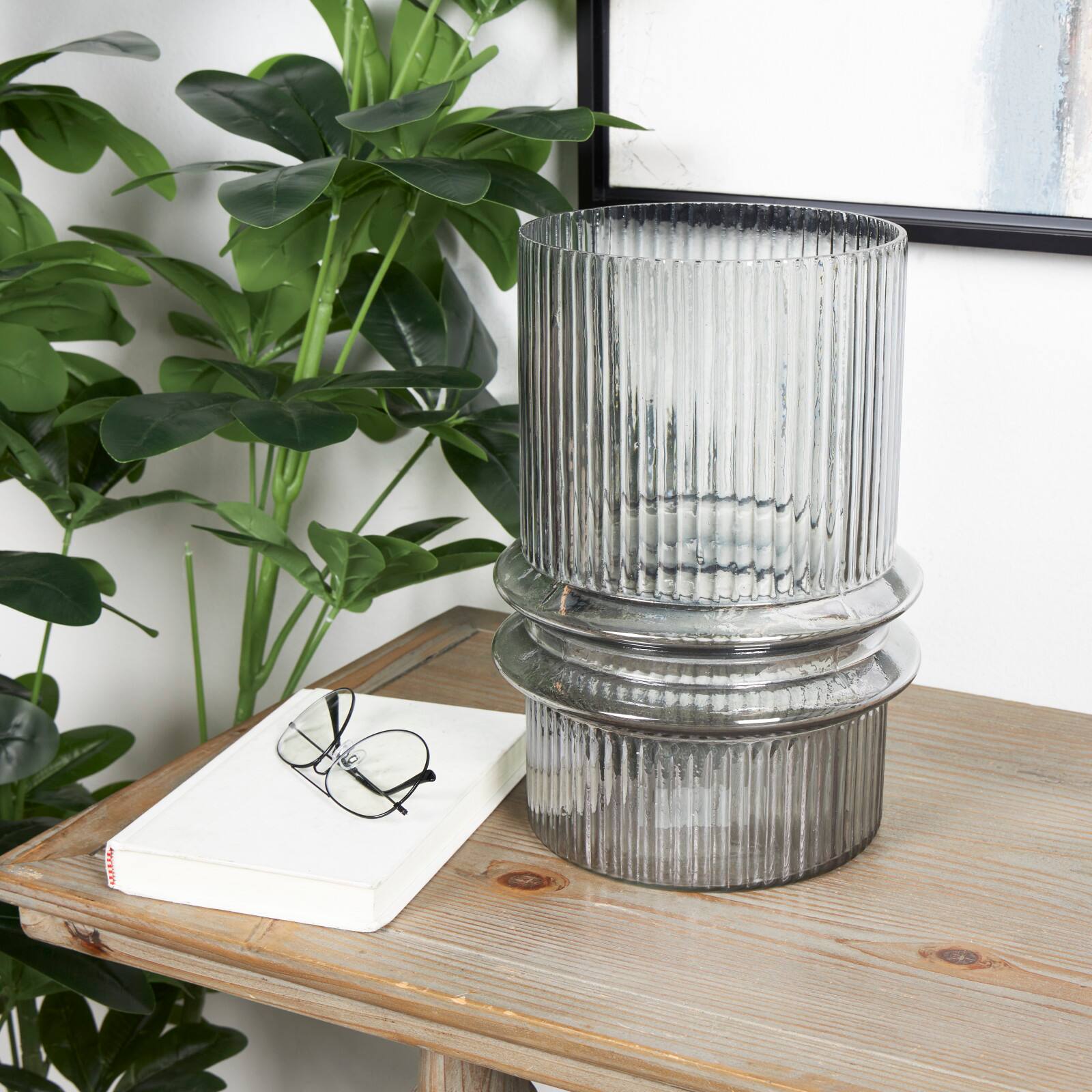 12" Gray Glass Wide Ribbed Vase with Fluted Center