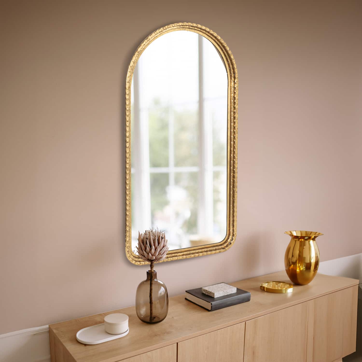 Hello Honey® 33" Gold Decorative Arched Metal Wall Mirror
