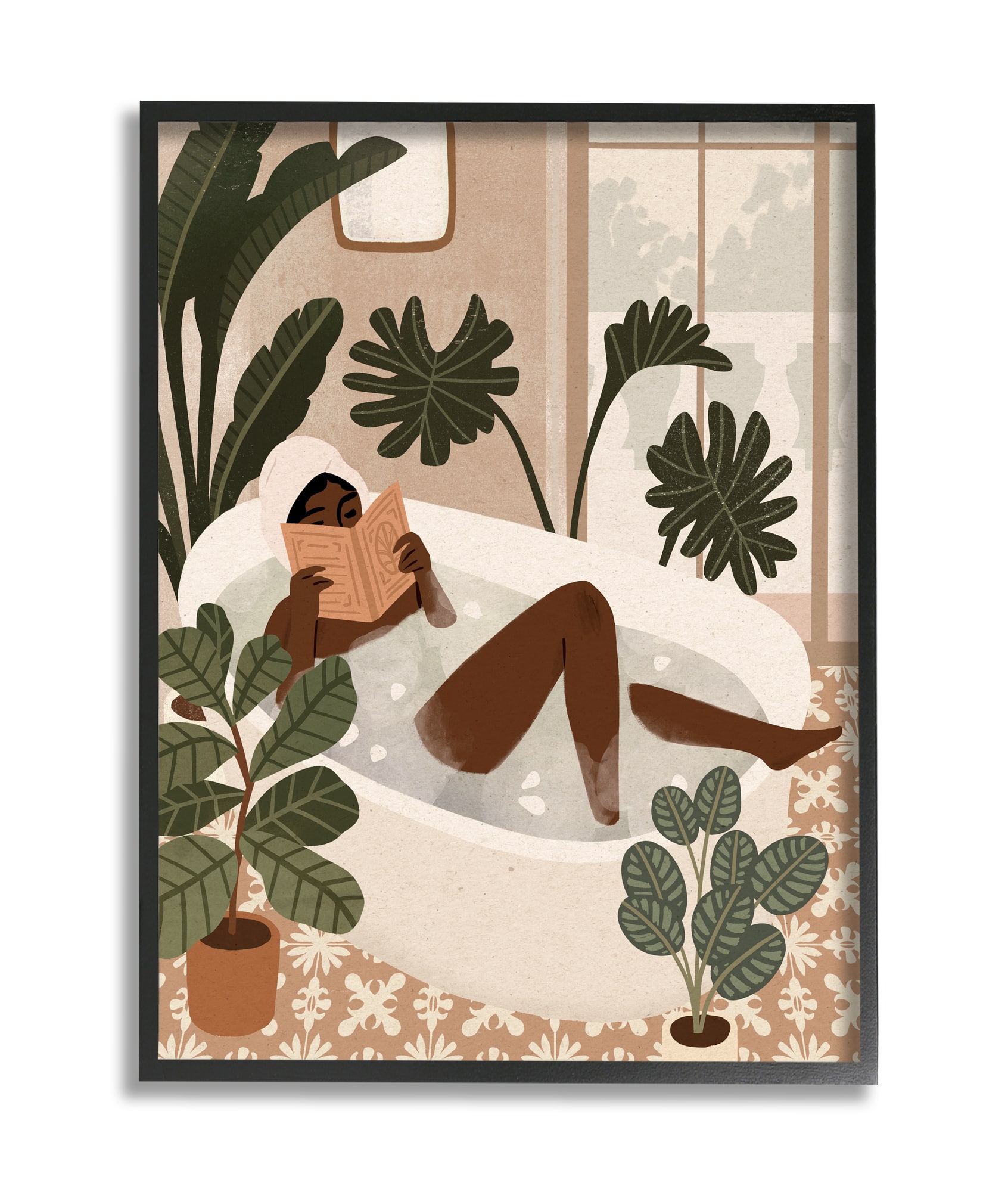 Stupell Industries Female Reading in Bath Tropical Palm Plants in Black Frame Wall Art
