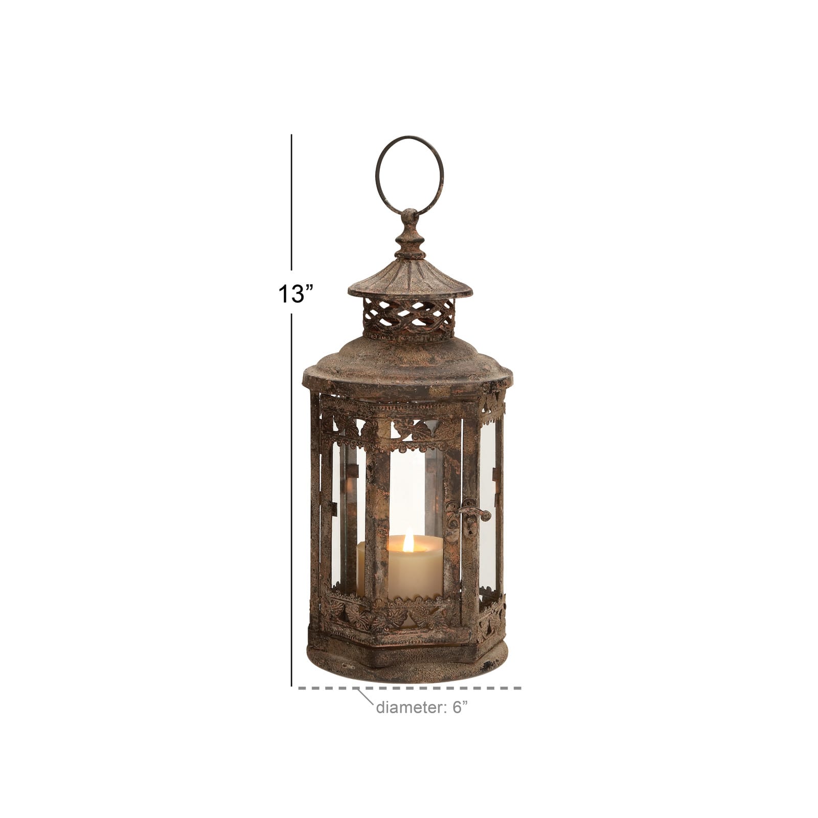 Brown Iron Rustic Candle Holder Lantern, 13&#x22; x 6&#x22; x 6&#x22;