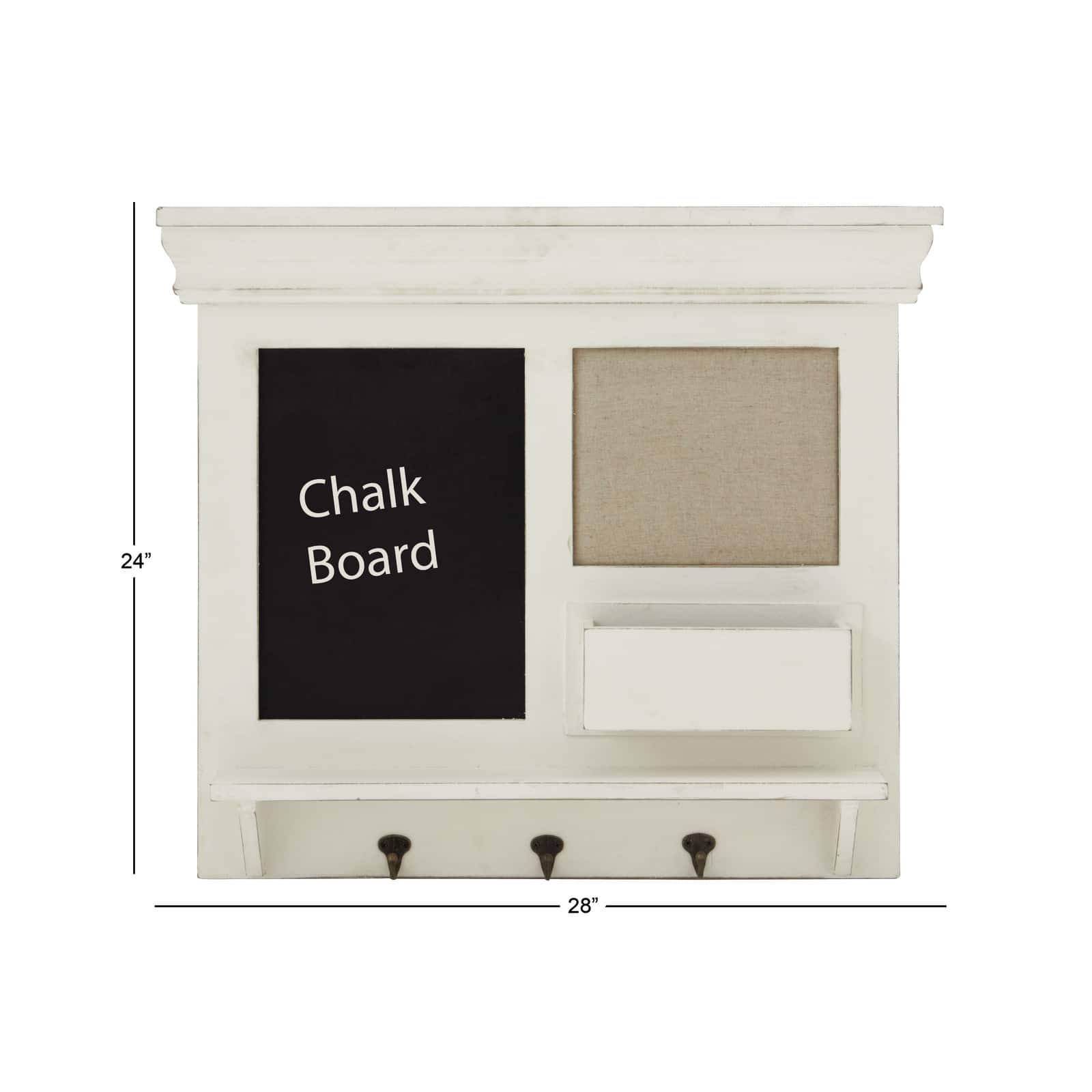 White Wooden Memo Board Shelf with Hooks