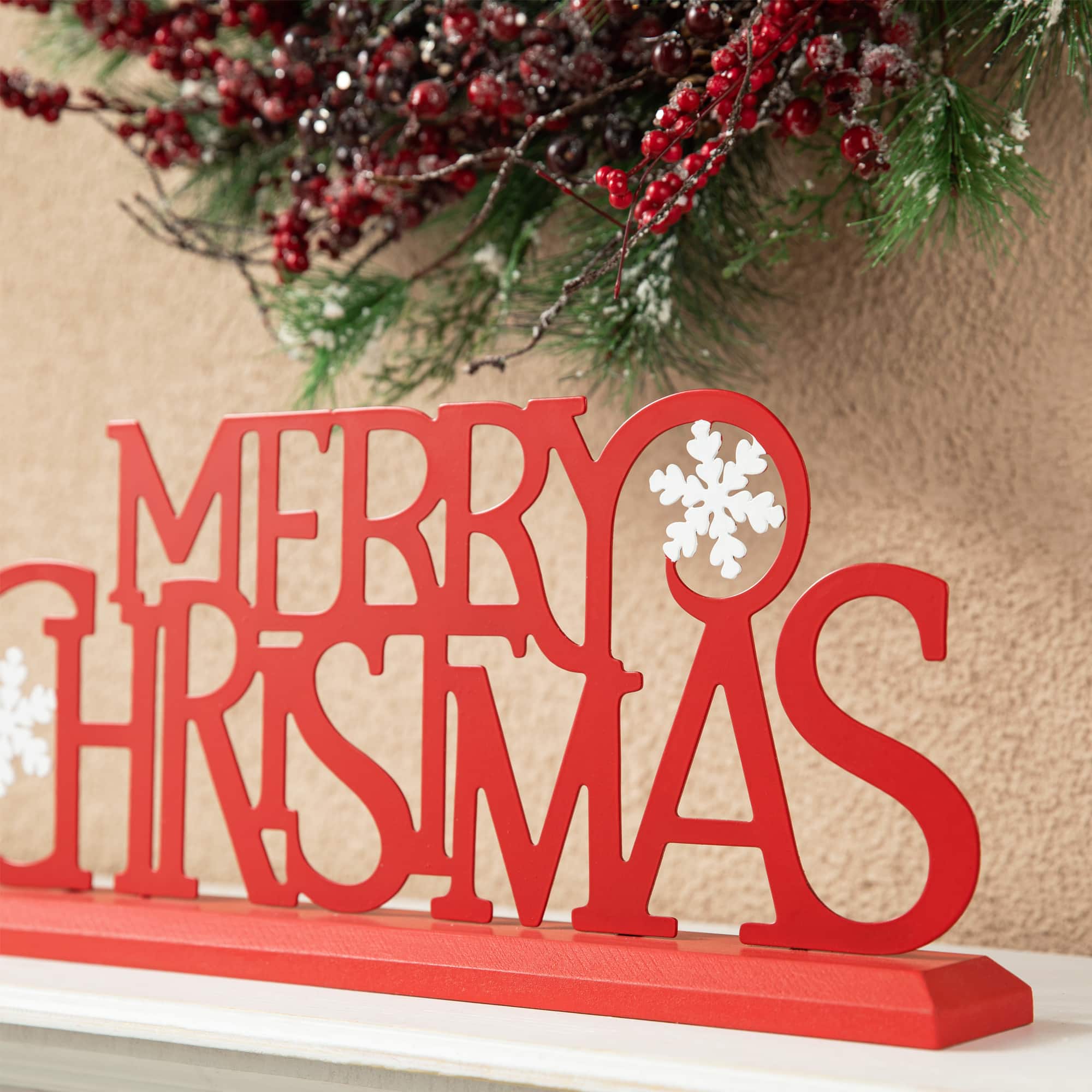 Glitzhome&#xAE; 18&#x22; Red Metal Merry Christmas Table D&#xE9;cor