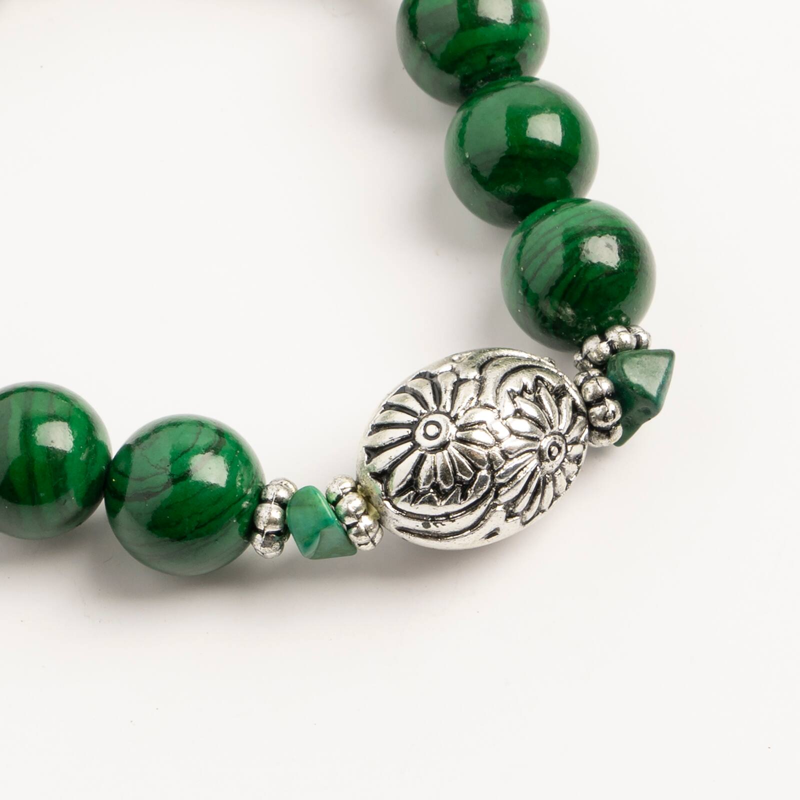 John Bead Malachite Natural Stone Stretch Bracelet with Flower Beads
