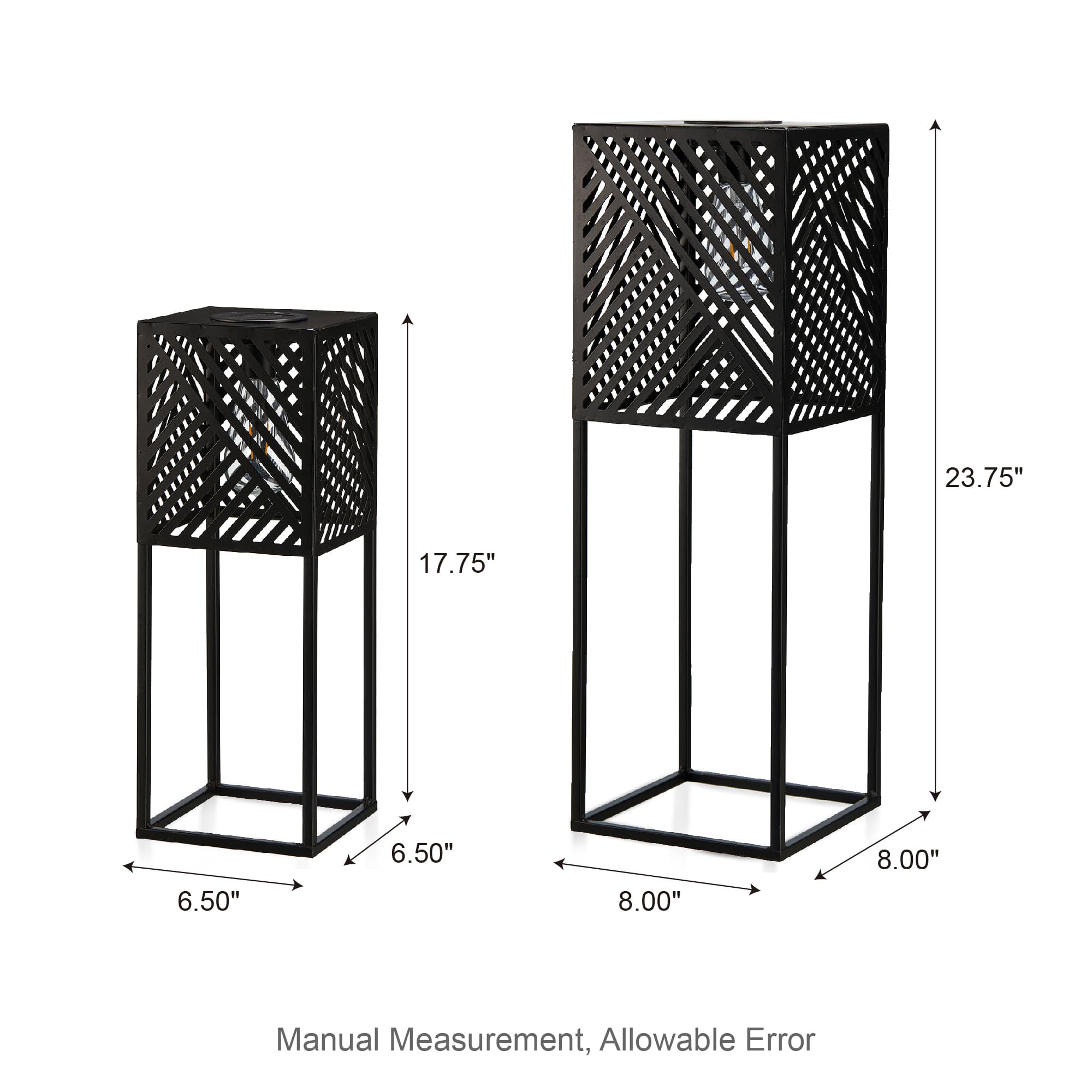 Glitzhome&#xAE; Black Metal Stripes Geometric Solar Powered Edison Bulb Outdoor Lantern Set