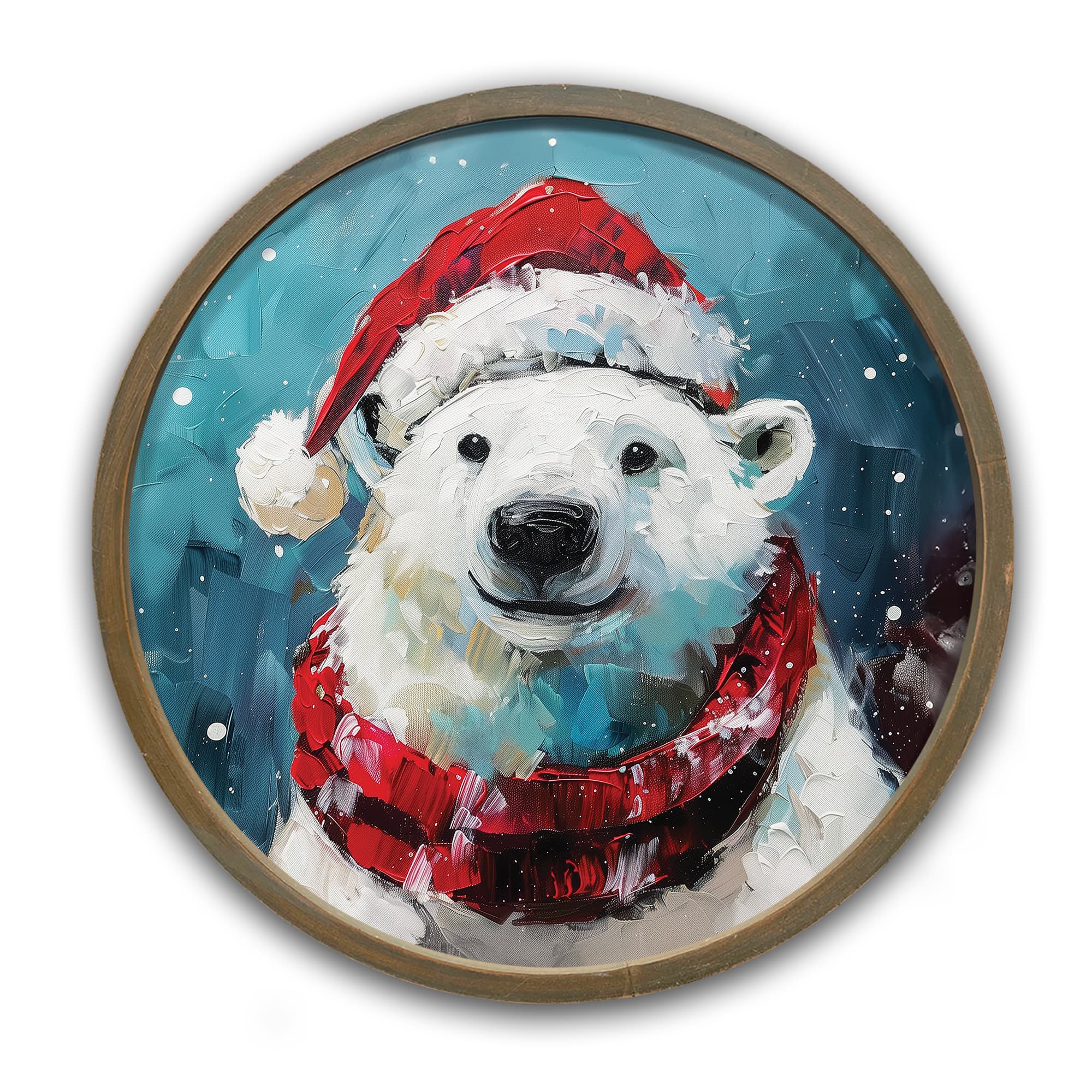Painterly Christmas Polar Bear 20" x 20" Round Brown Framed Print