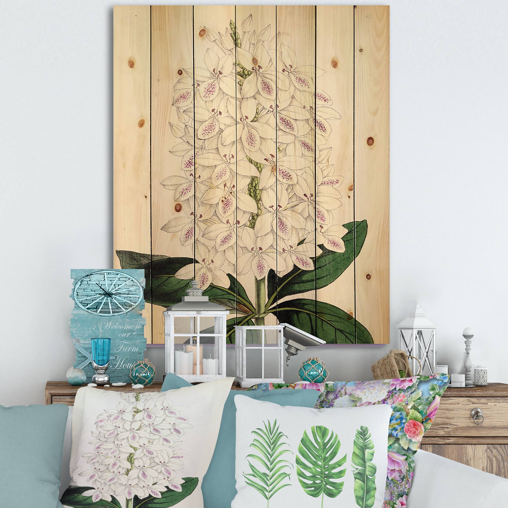 Designart - Vintage White Orchid III - Traditional Print on Natural Pine Wood