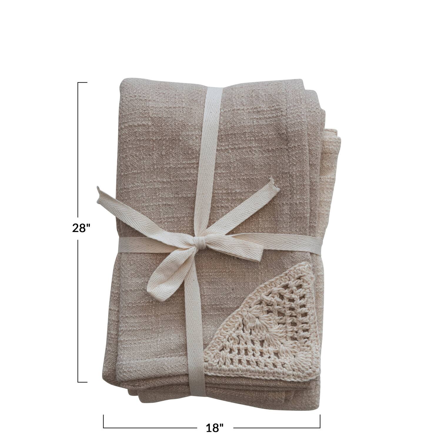 Hello Honey® Natural & Beige Cotton Tea Towels with Woven Macramé Corners, 2ct.
