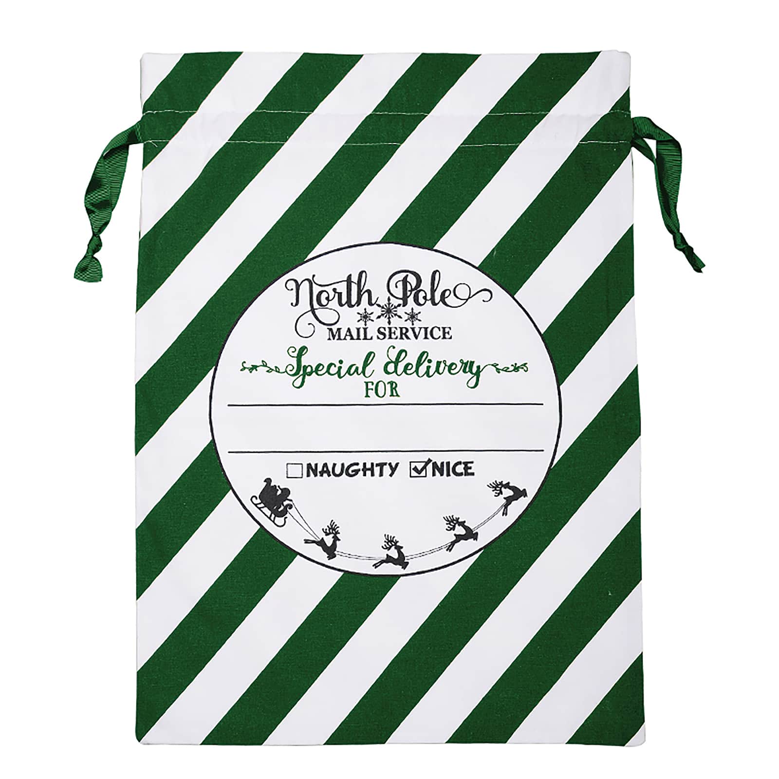 Personality Case™ 17" x 26" Green & White Stripe Cotton Christmas Drawstring Bag