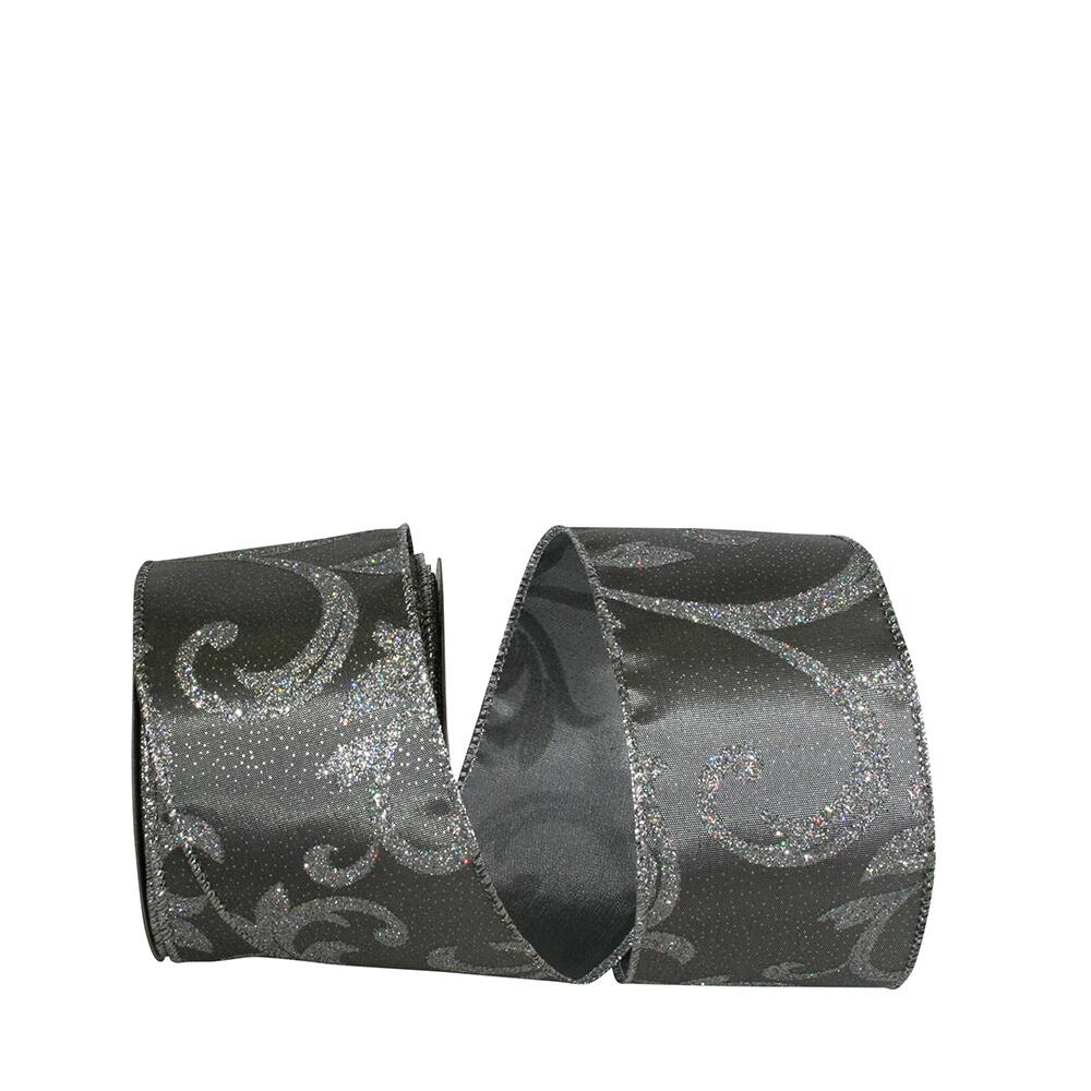 Reliant 2.5&#x22; x 10yd. Silver Filigree Leaves Glitter Wired Taffeta Ribbon