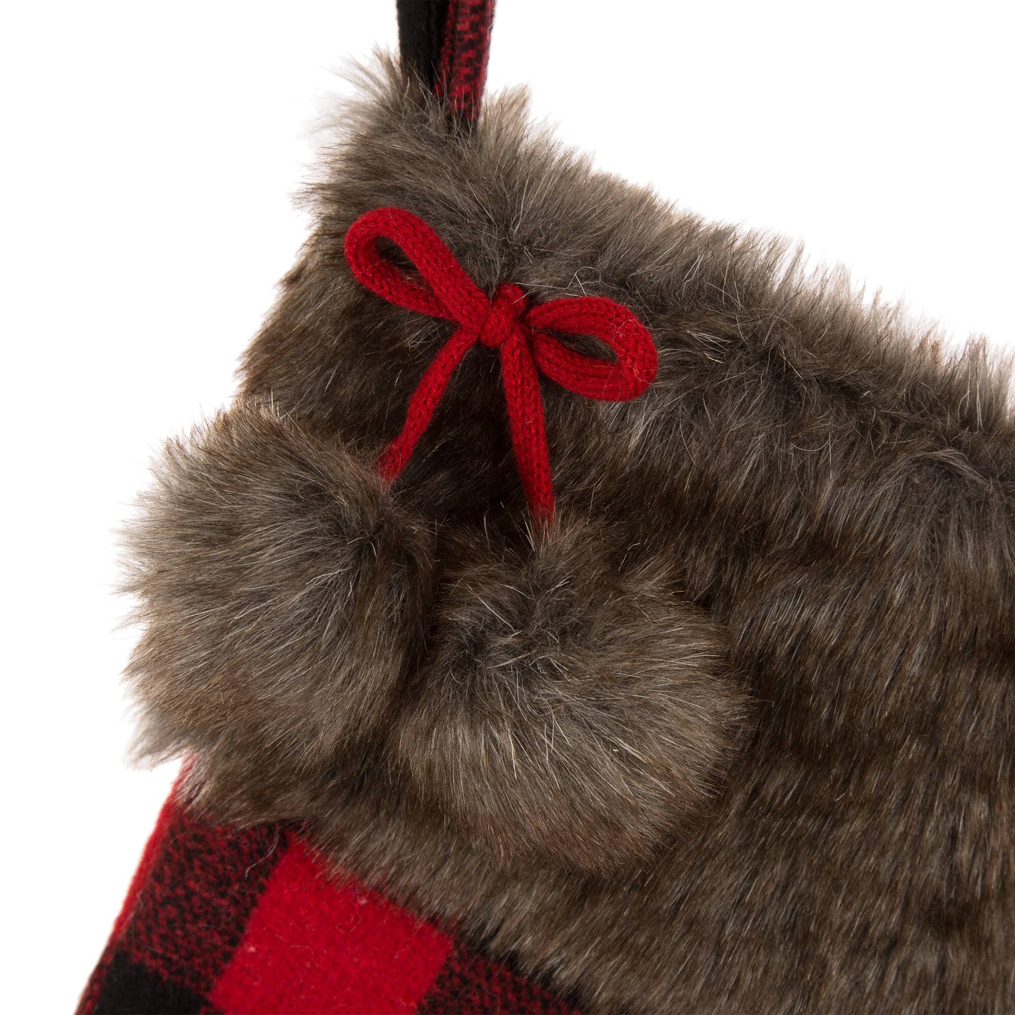 Glitzhome® 21" Fur Black & Red Buffalo Plaid Stocking