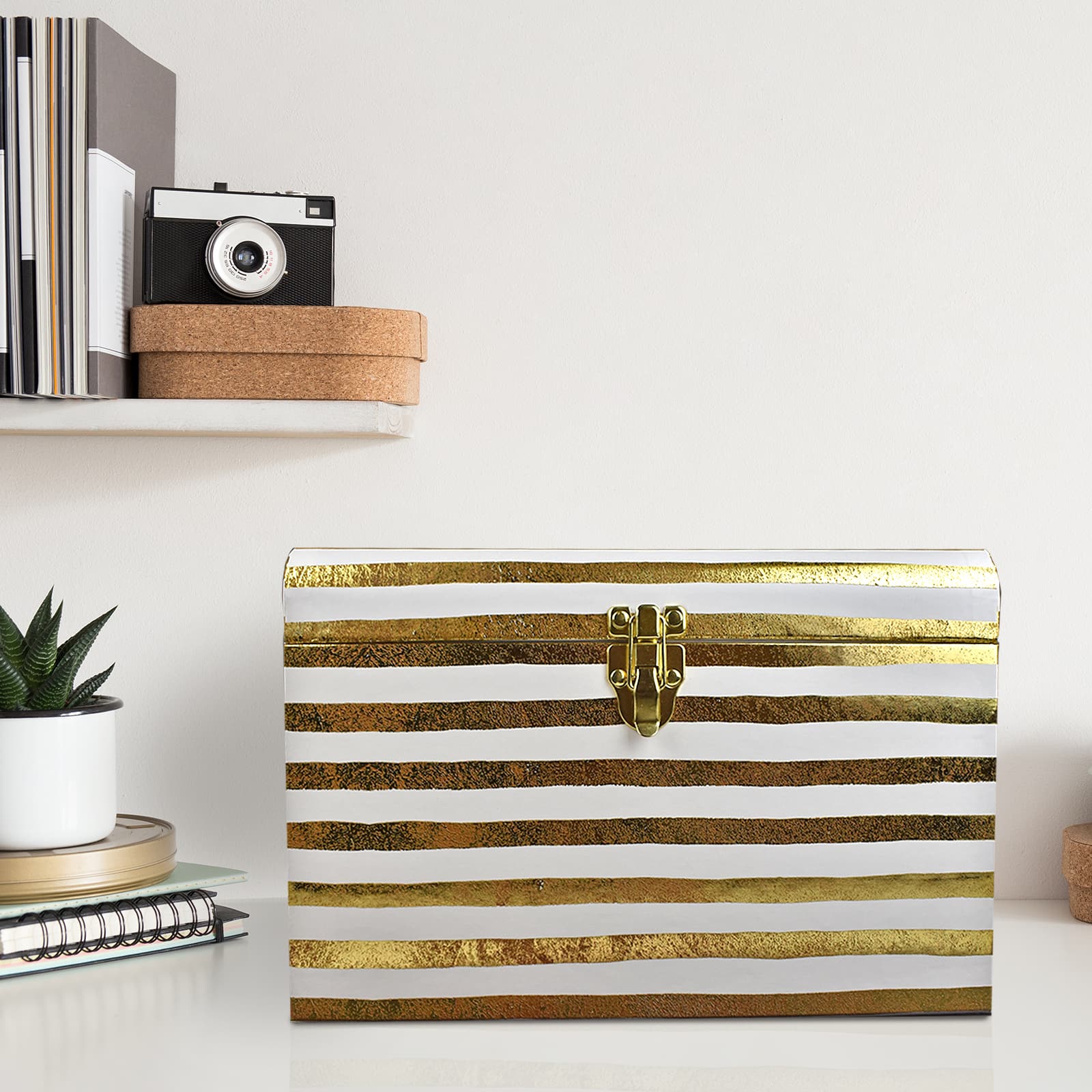 Large White &#x26; Gold Stripes Decorative Trunk by Ashland&#xAE;