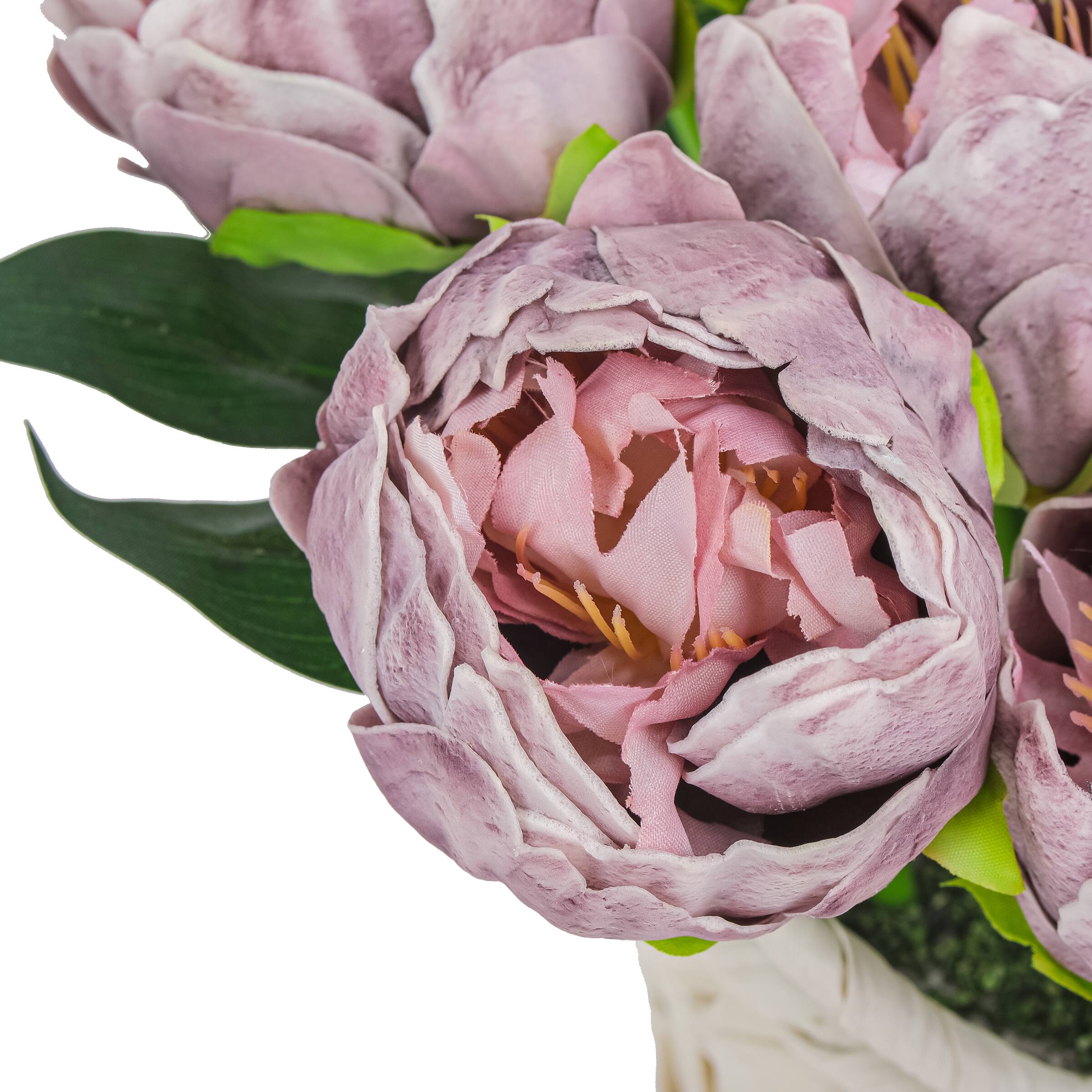 10" Peony Flower Bouquet In White Basket