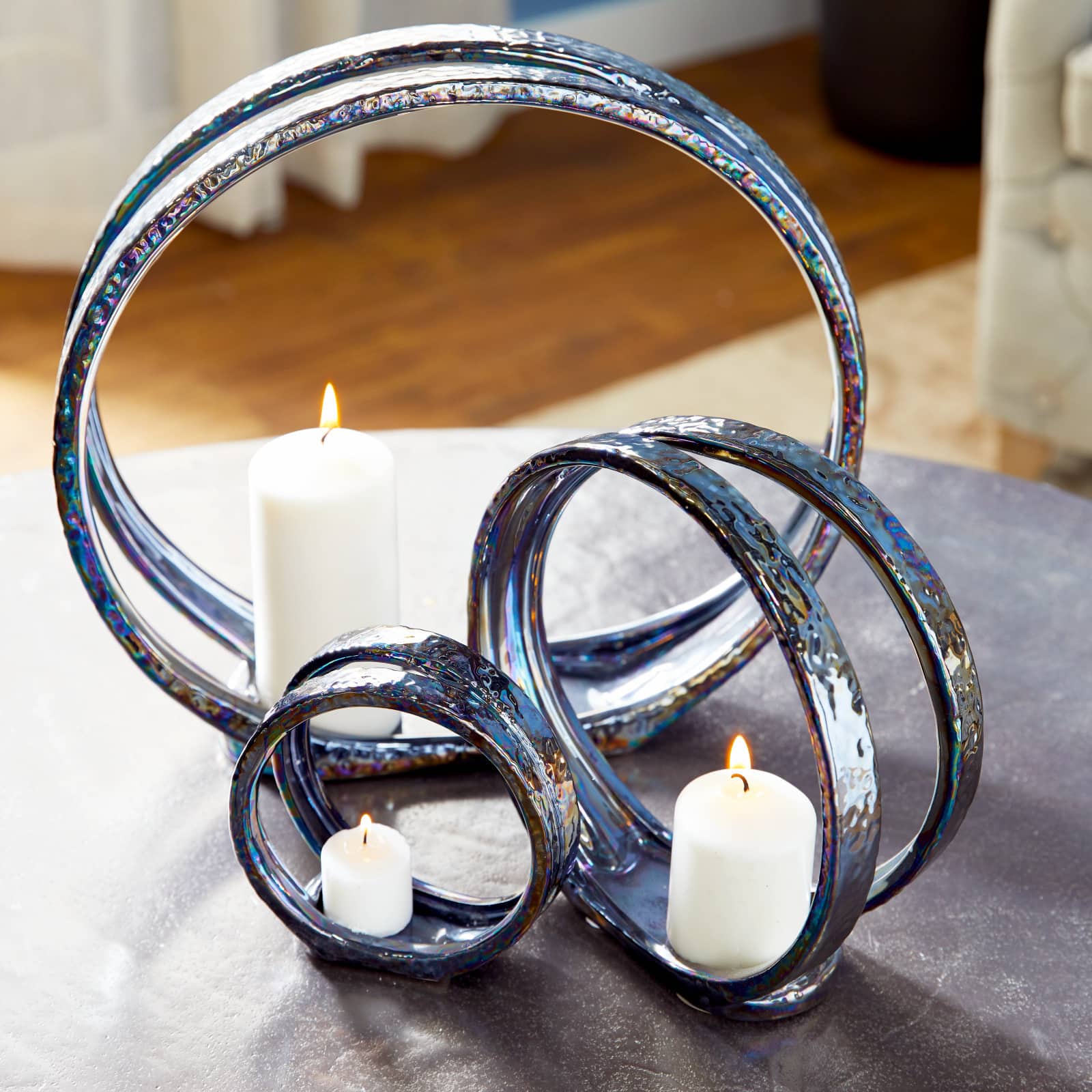 14" Silver Ceramic Glam Candlestick Holder Set