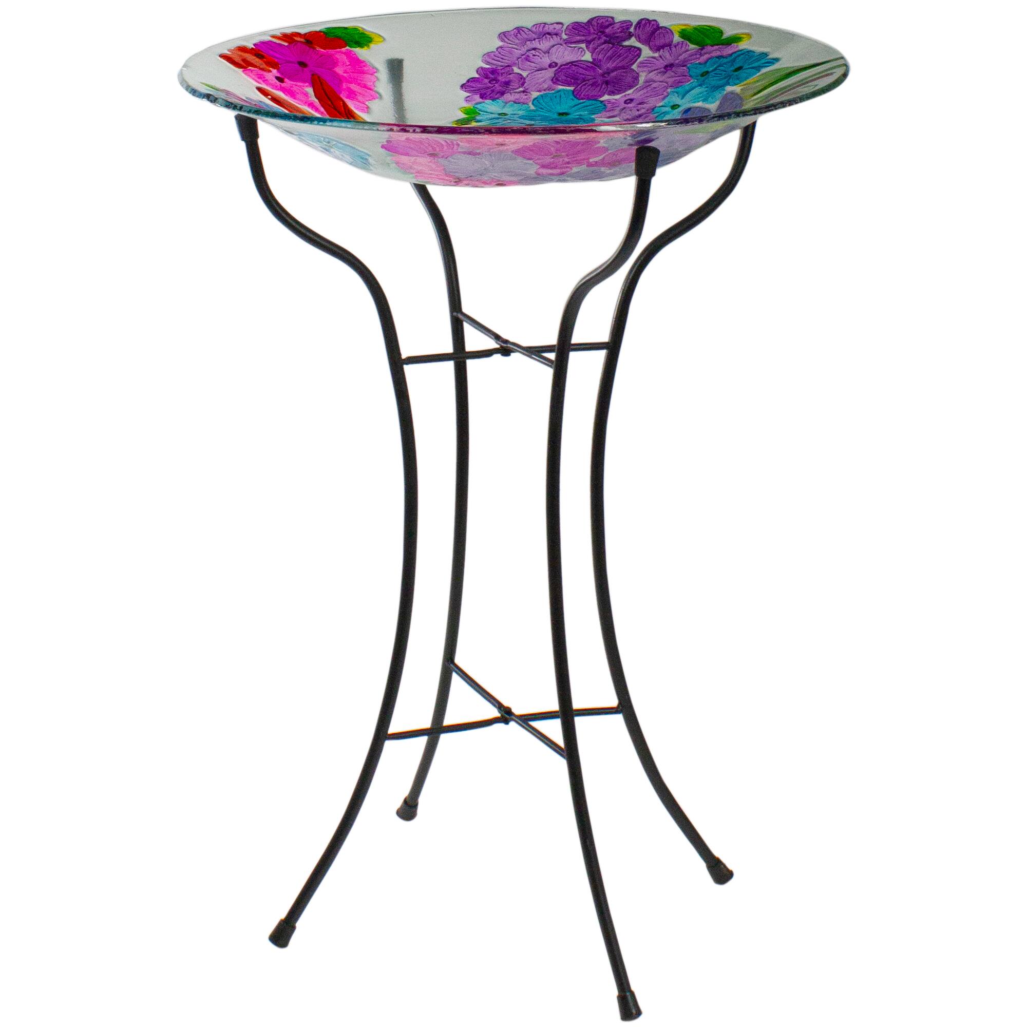 18'' Pink and Purple Dragonflies Hand Painted Glass Birdbath