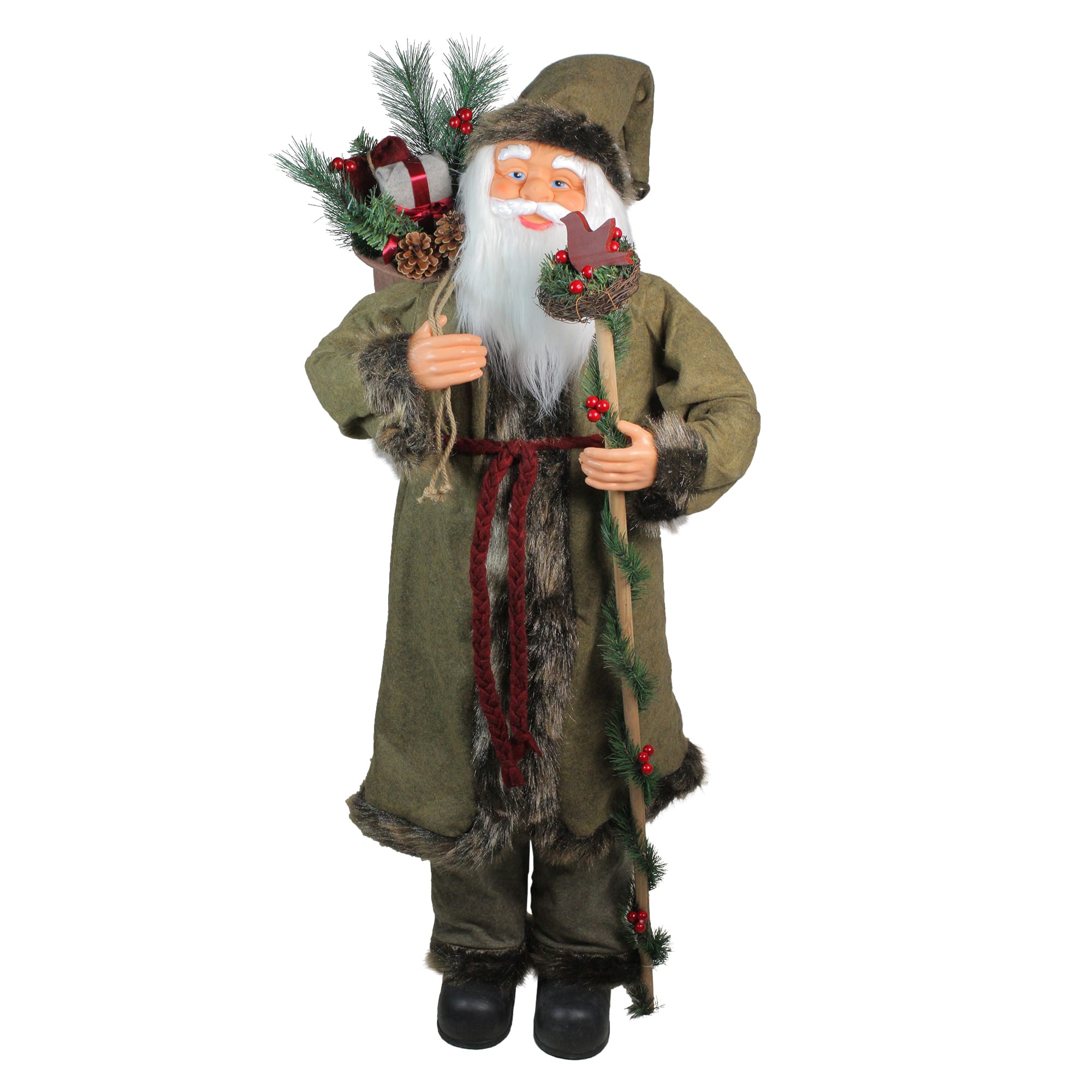 4ft. Olive Green & Burgundy Red Standing Santa Claus with Gift Bag