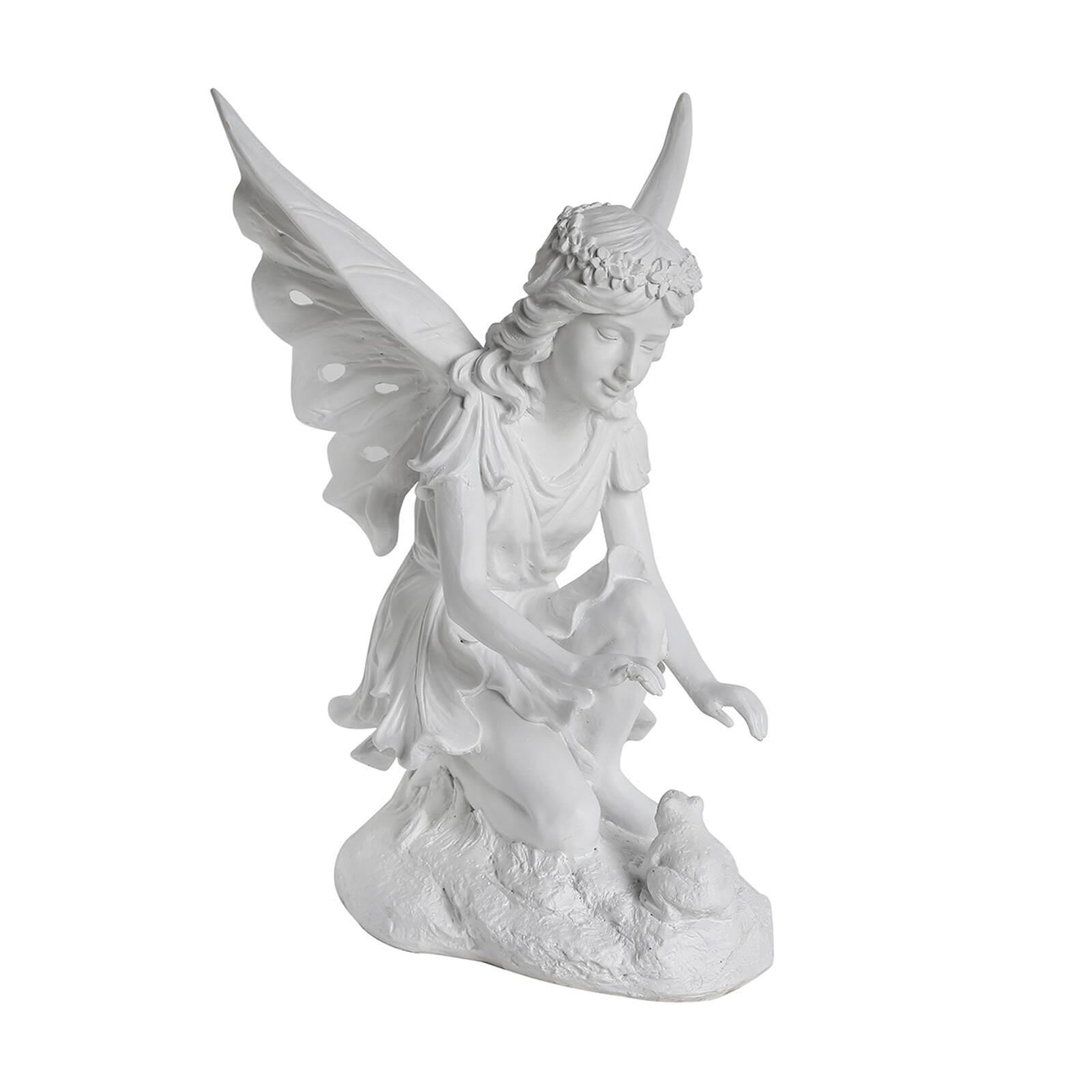 14.5&#x22; Fanciful White Kneeling Fairy &#x26; Frog Outdoor Statue