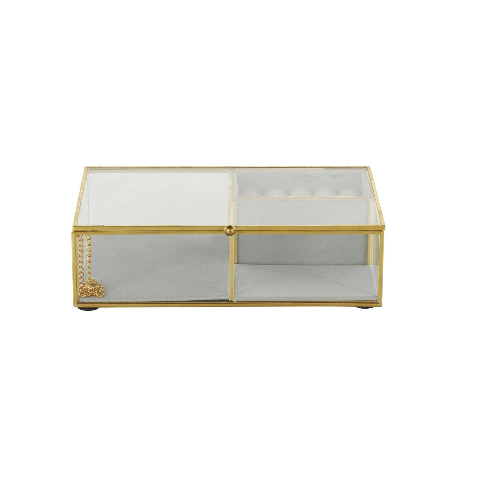 9" x 6" x 3" Clear & Gold Glass & Metal Jewelry Box with Chain Accent & Fabric Ring Slots