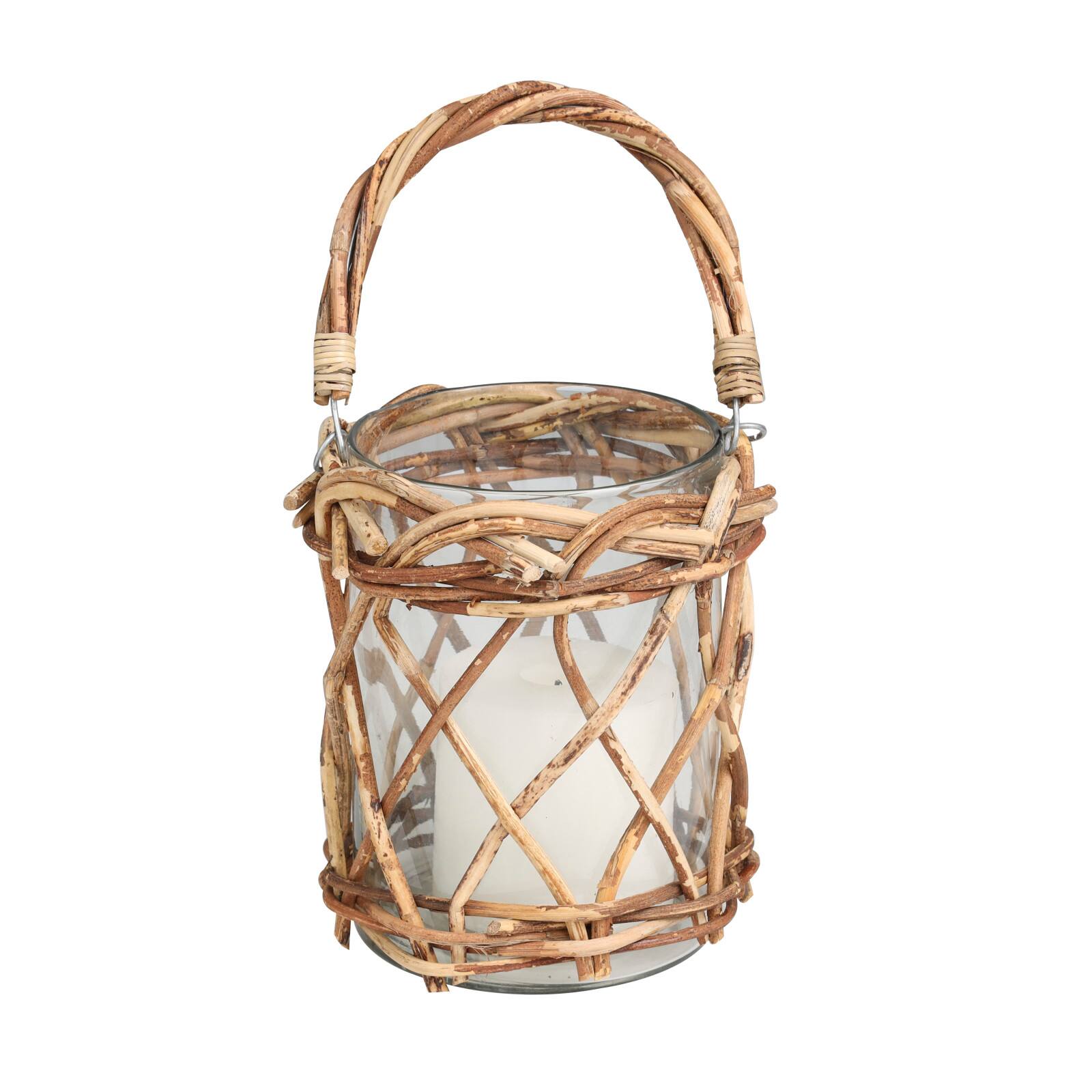 9" Clear Glass Handmade Candle Lantern with Brown Rattan Woven Exterior & Twisted Handle