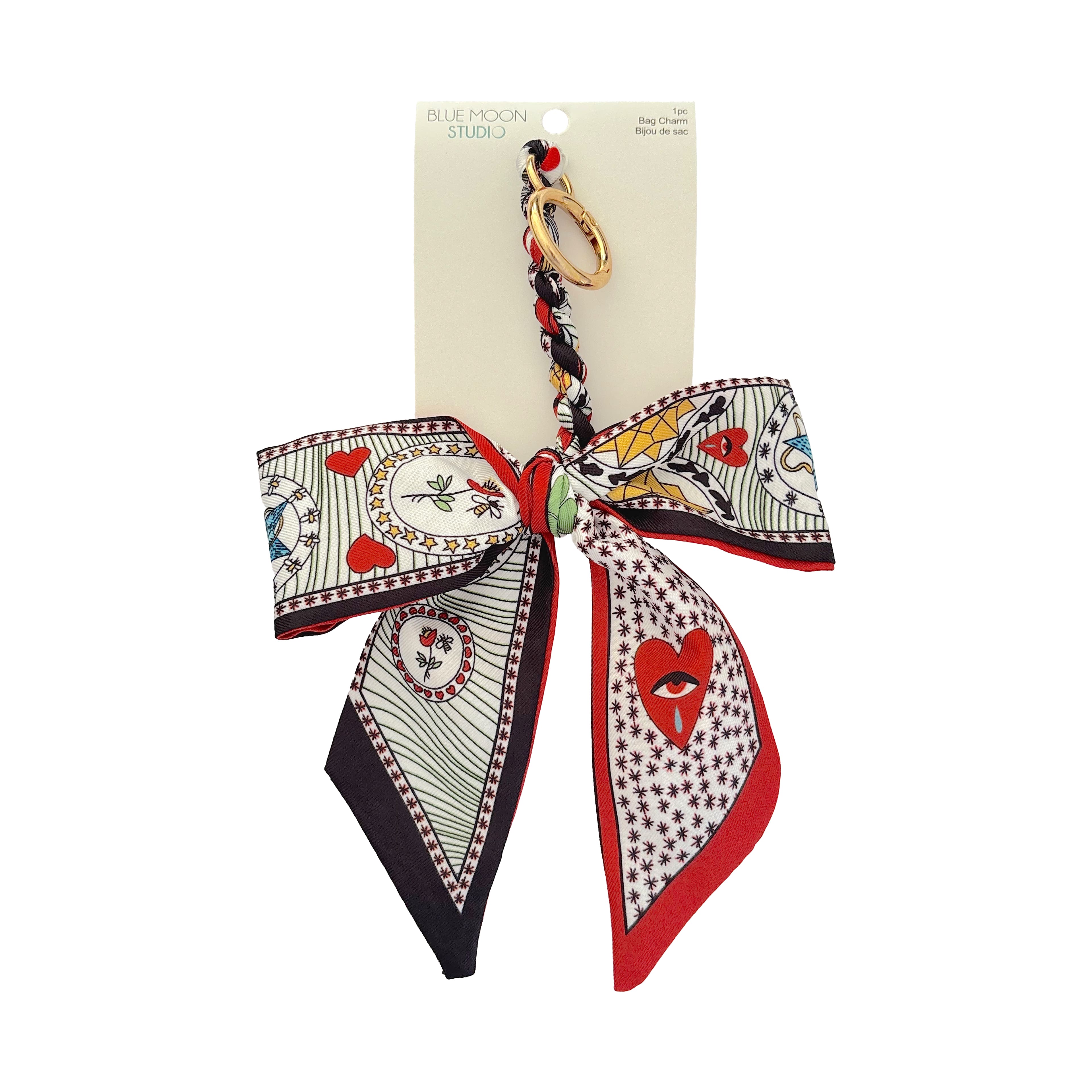 Blue Moon Studio™ Red Hearts & Bees Print Bow Bag Charm