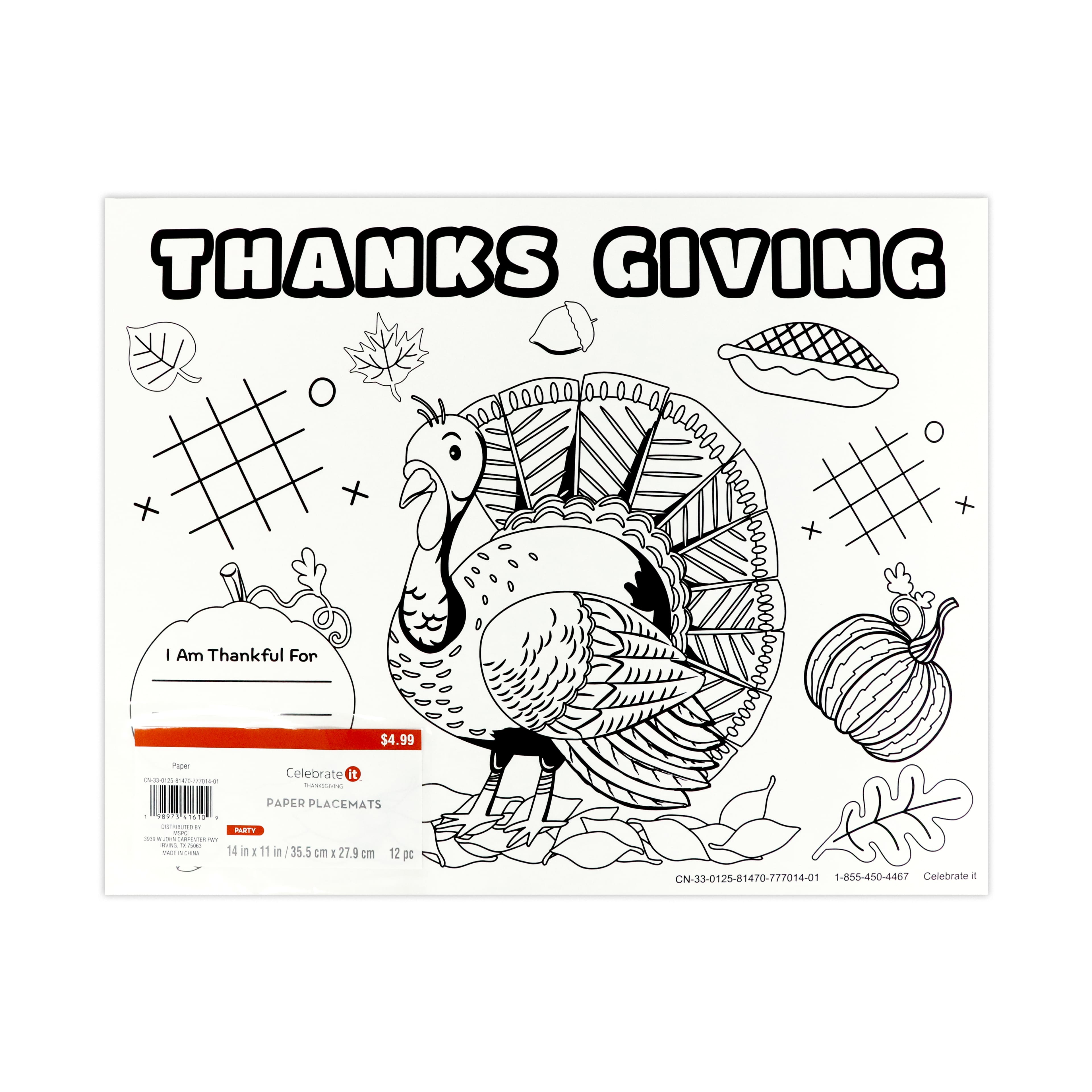 14&#x22; x 11&#x22; Thanksgiving Color-In Paper Placemats, 12ct. by Celebrate It&#x2122;