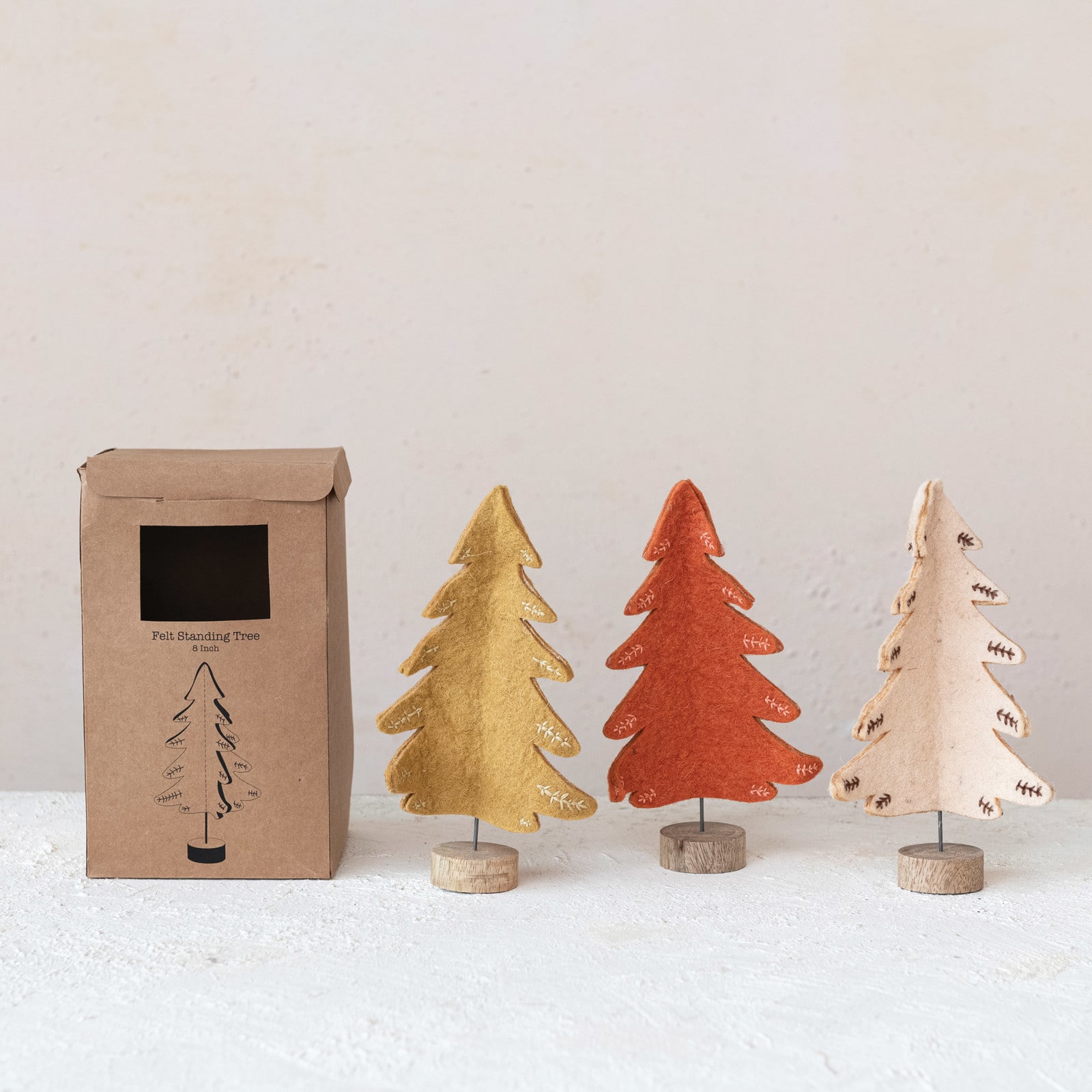 Hello Honey® 26" Wool Felt Tree Set with Color Contrasting Stitch & Wood Slice Base