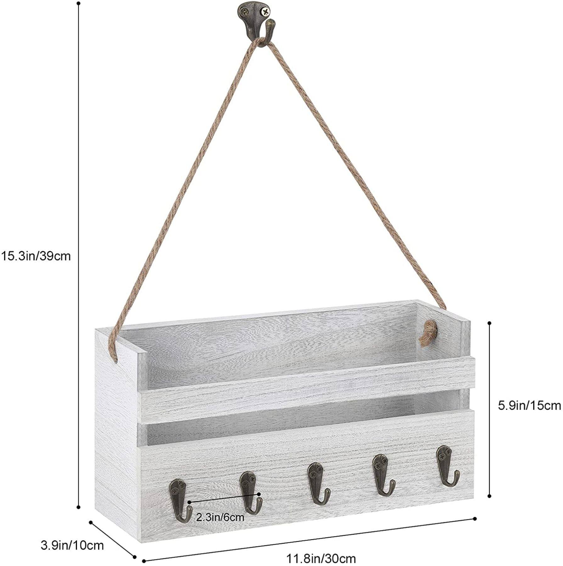 NEX™ Gray-Whitewash Hanging Wall-Mounted Mail Organizer with 5 Hooks