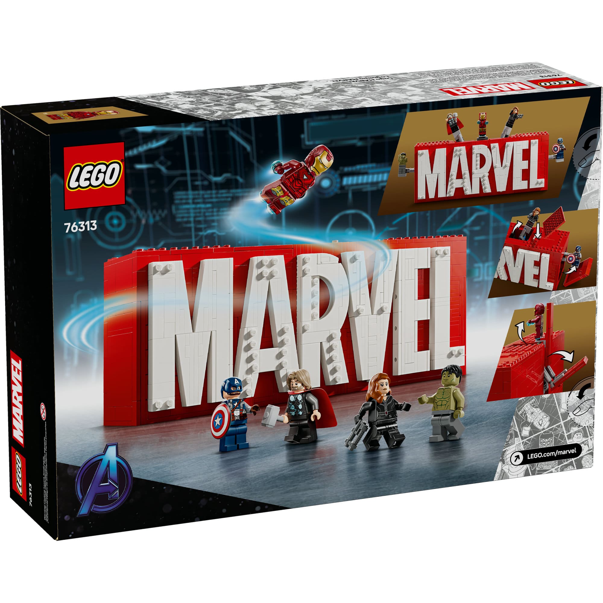 LEGO&#xAE; Marvel: MARVEL Logo &#x26; Minifigures Collectible, Buildable Set 76313