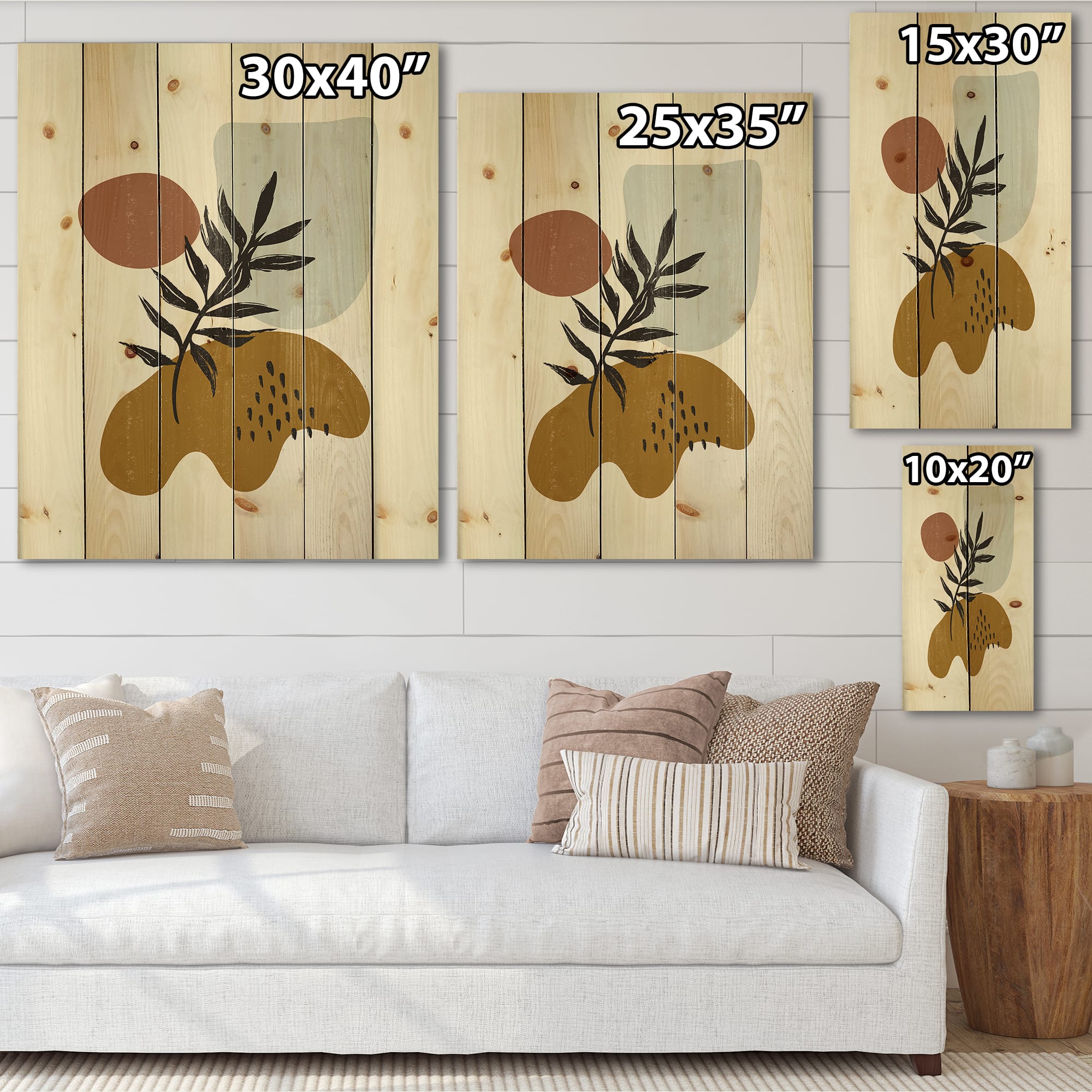 Designart - Botanical Minimalist Leaf With Abstract Shapes II - Modern Print on Natural Pine Wood