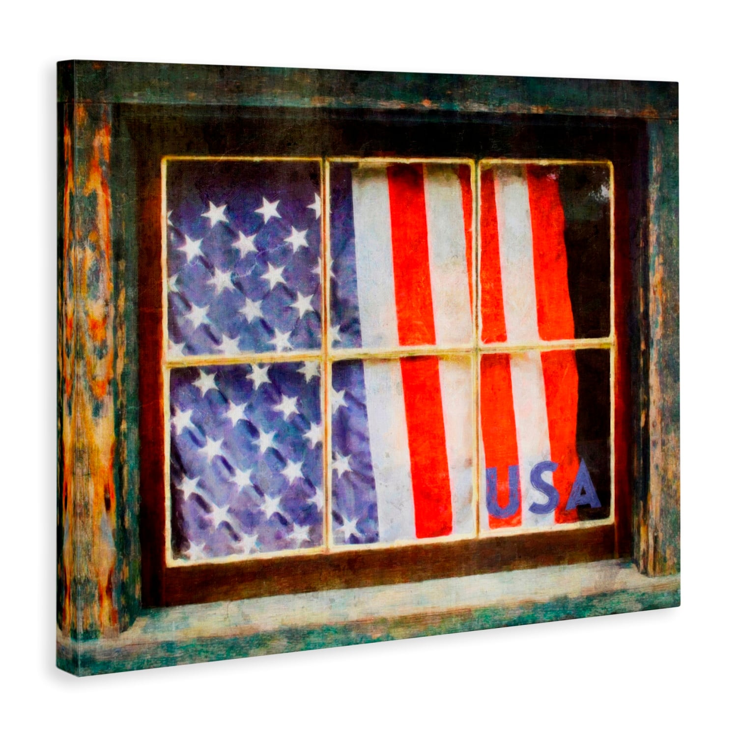 Stupell Industries Patriotic American Flag Rustic Window Festive Home Canvas Wall Art
