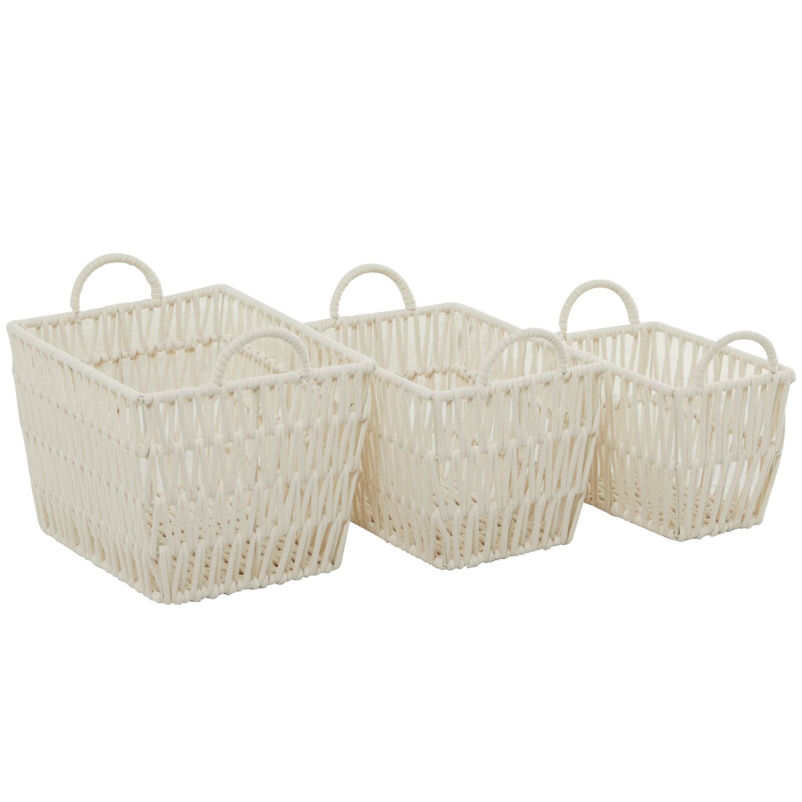 White Cotton Handmade Storage Basket with Handles Set of 3 12", 11", 10"