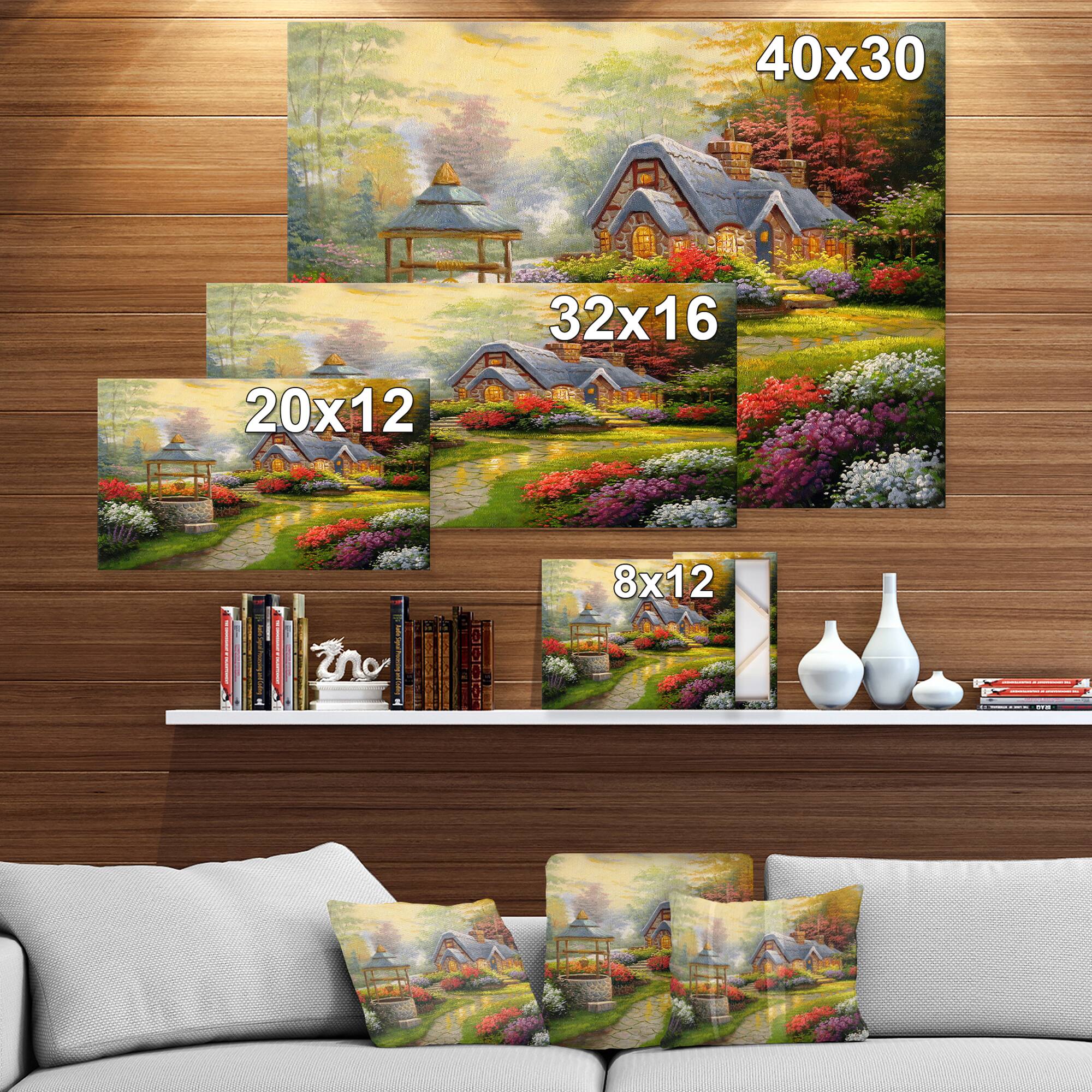Designart - Sunset Stone Country Cottage - Floral Painting Print on Wrapped Canvas