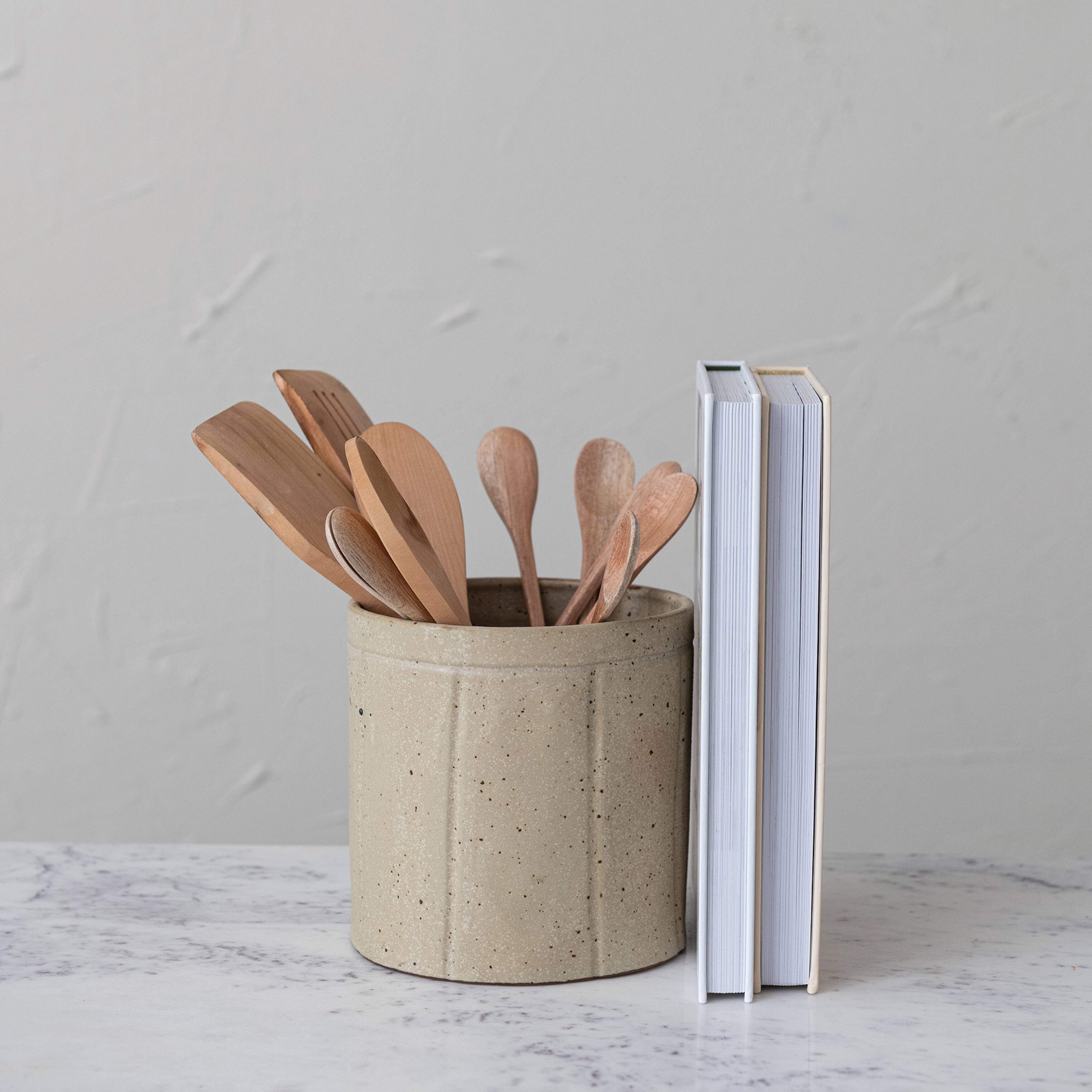 Hello Honey&#xAE; 6&#x22; Tan Decorative Stoneware Crock with Line Detail