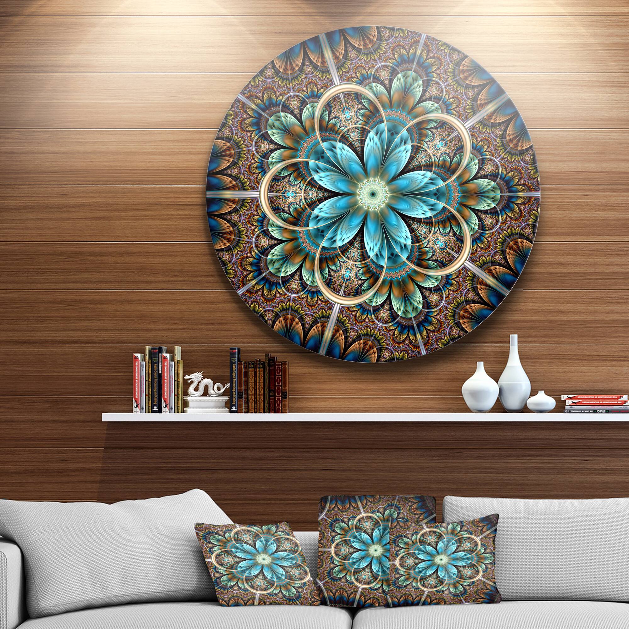 Designart - Large Brown Blue Fractal Flower' Floral Metal Circle Wall Art