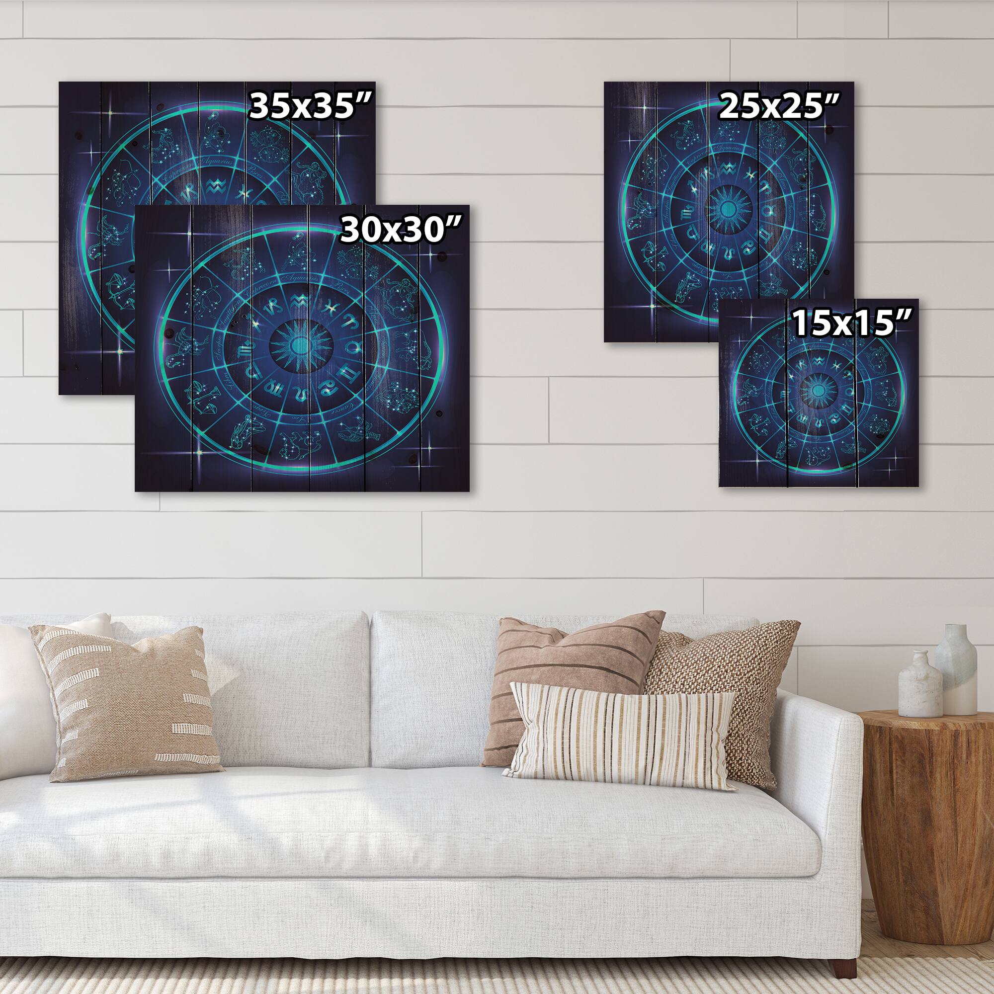 Designart - Neon Deep Blue Horoscope Circle With Zodiac Signs - Modern Print on Natural Pine Wood