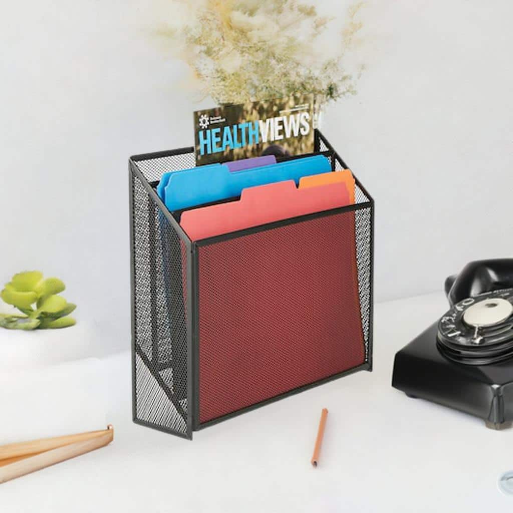 Mind Reader Black 3-Tier Jumbo Metal Mesh File Holder, Desktop File Box, Magazine &#x26; Document Organizer