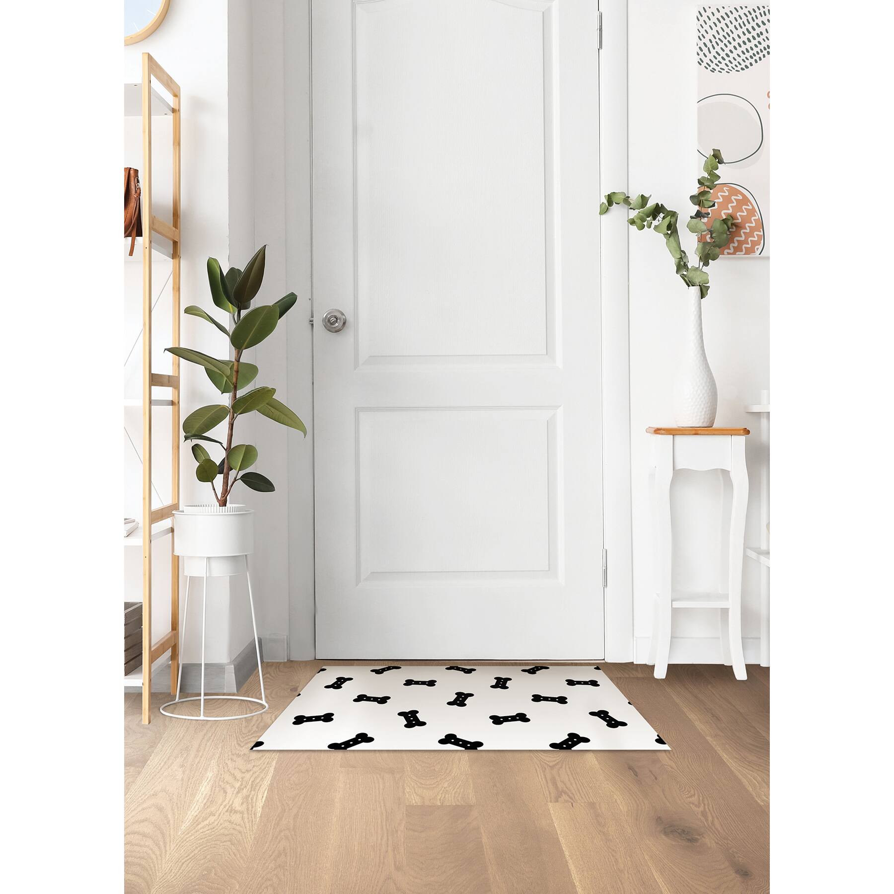 FloorPops Bones Black &#x26; White Washable Felt Floor Mat, 18&#x22; x 30&#x22;