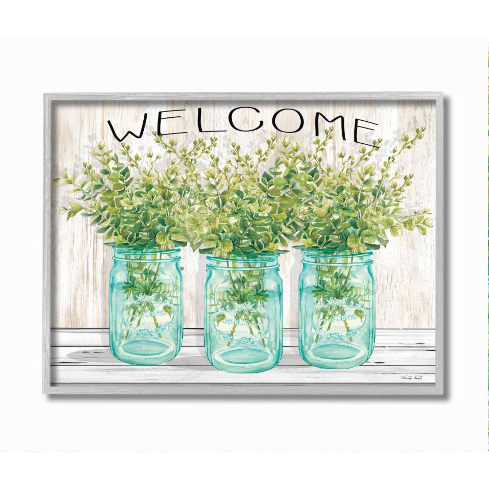 Stupell Industries Country Greenery Welcome Print with Gray Frame Wall Accent