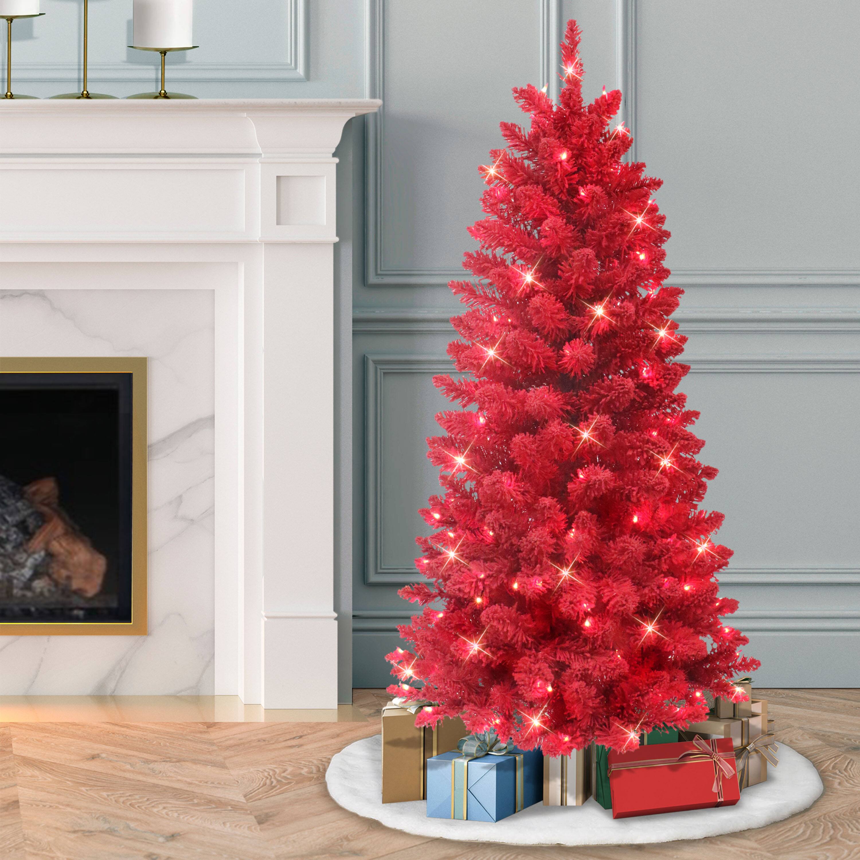 4.5ft. Pre-Lit Flocked Fashion Red Artificial Christmas Tree, Clear Lights