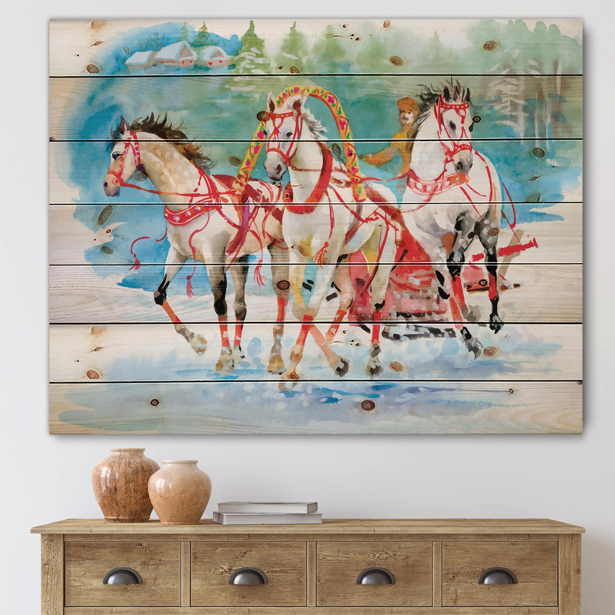 Designart - Galoping Horses With Carriage In The Snow - Farmhouse Print on Natural Pine Wood