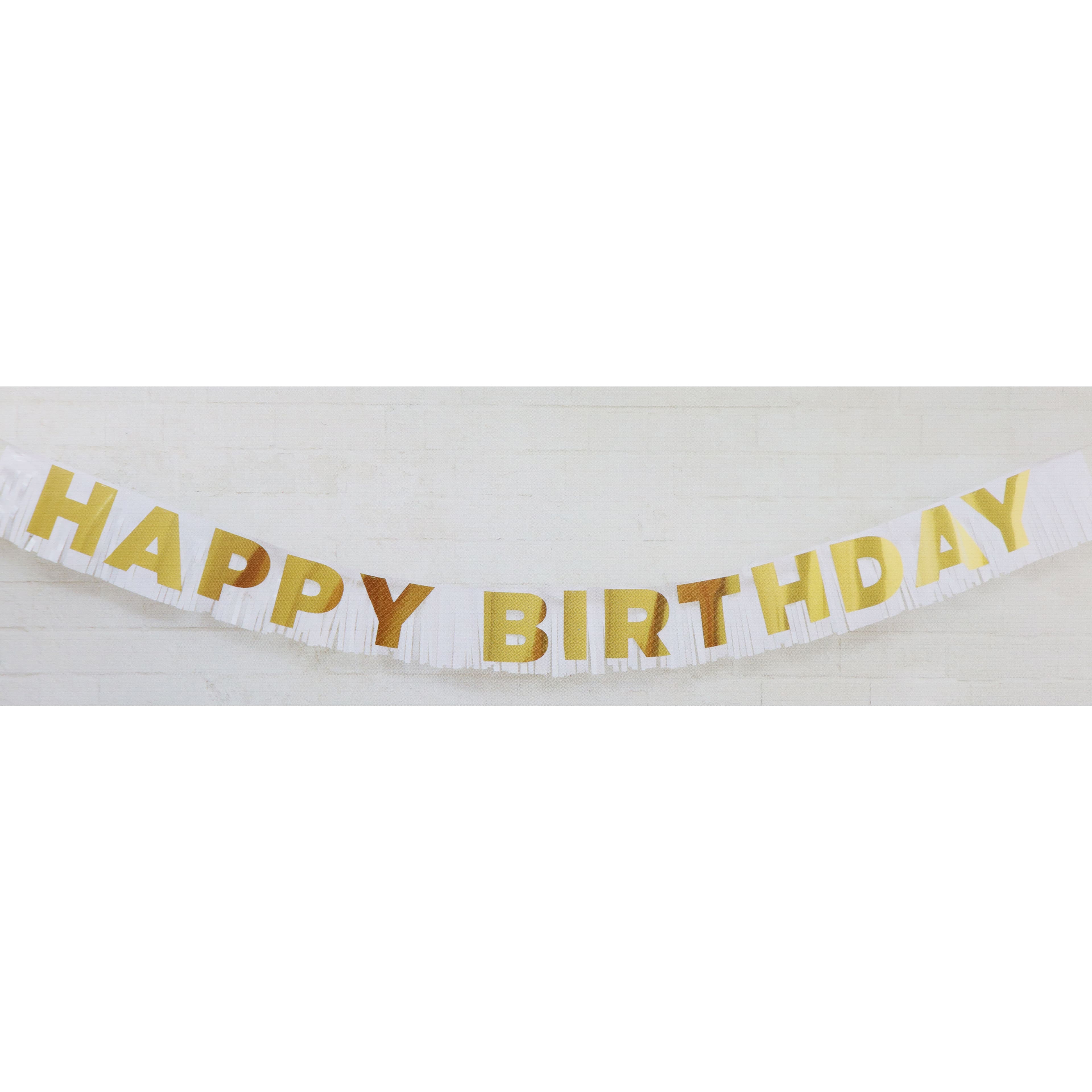 6.5ft. Gold &#x26; White Happy Birthday Fringe Banner by Celebrate It&#x2122;