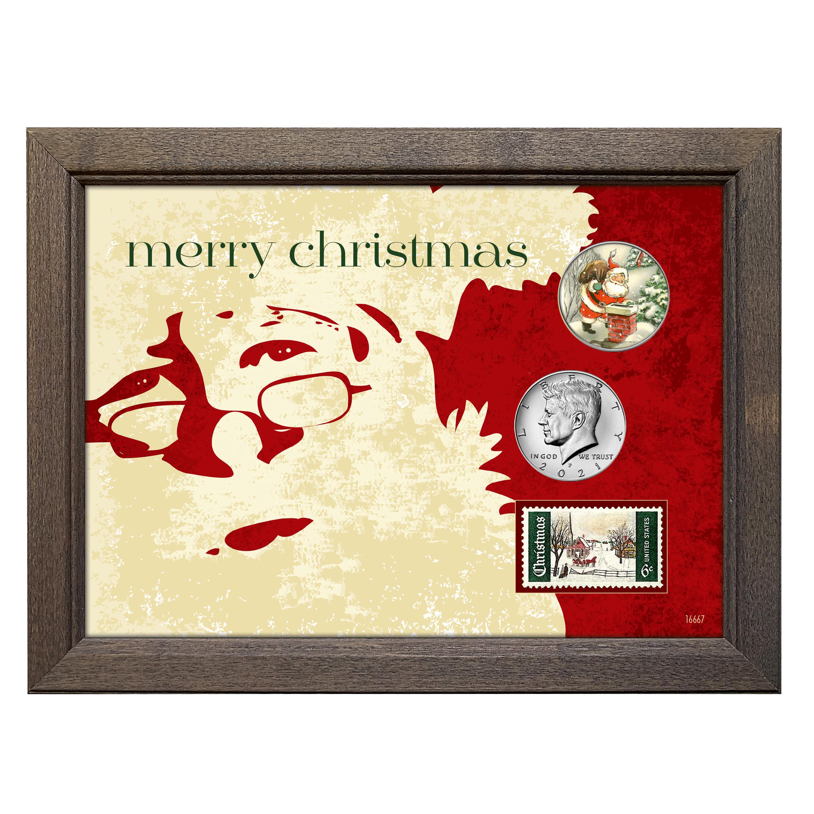 Merry Christmas Colorized Vintage Santa Half Dollar With 2021 JFK Coins and Stamp in Wood Frame
