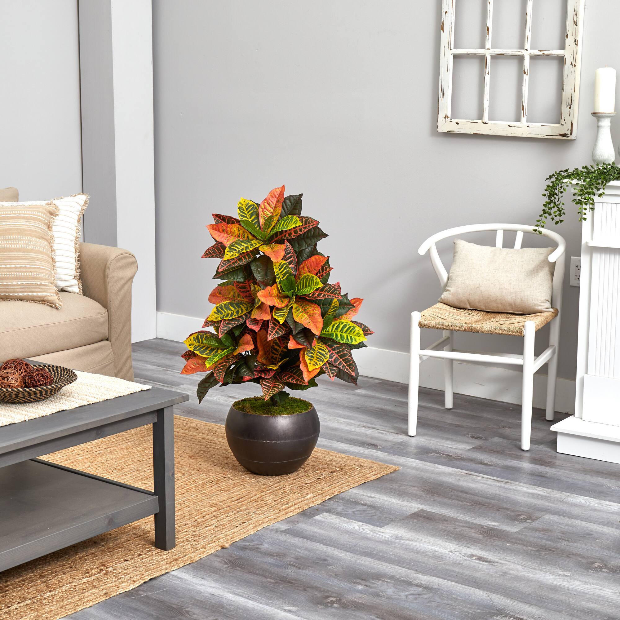 3ft. Croton Artificial Plant in Metal Bowl