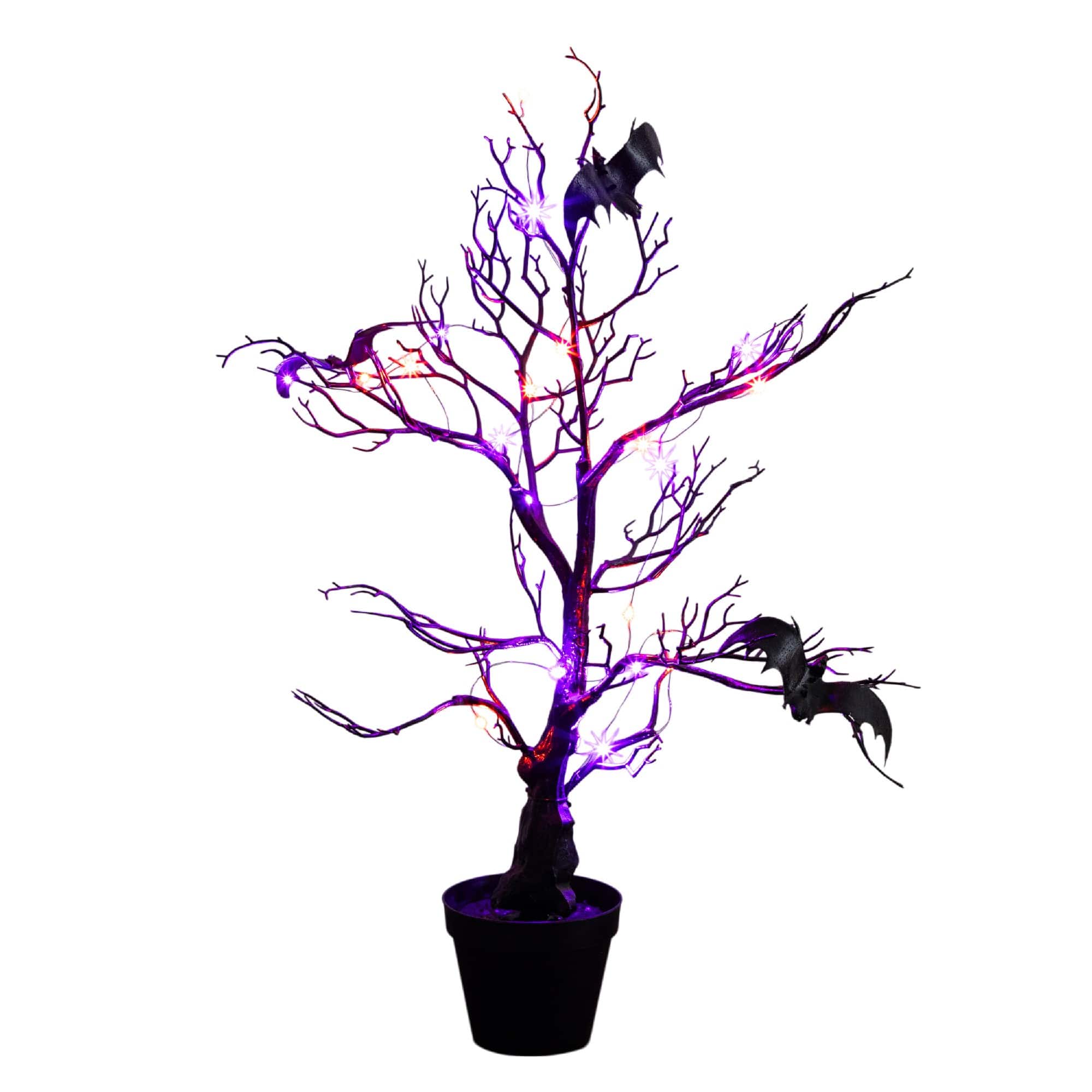 2ft. Pre-Lit Artificial Halloween Black Spooky Twig Tree with Bats and 40 Orange &#x26; Purple LED Lights