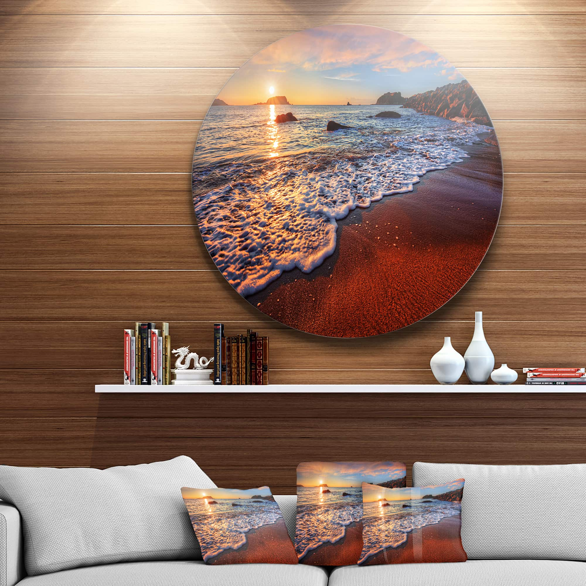 Designart - Stunning Ocean Beach at Sunset&#x27; Seashore Metal Circle Wall Art