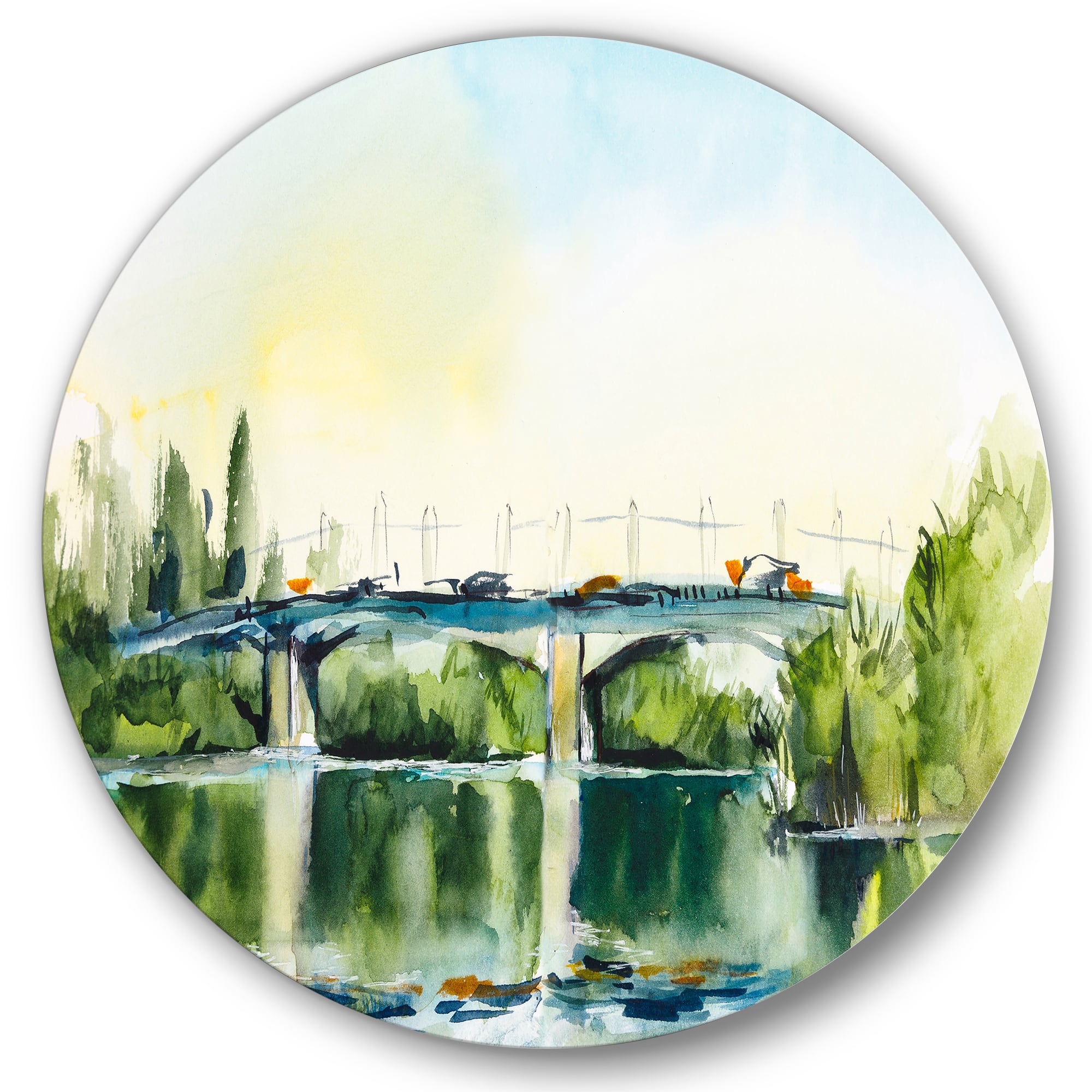 Designart - Landscape With Old Bridge In The Countryside - Traditional Metal Circle Wall Art