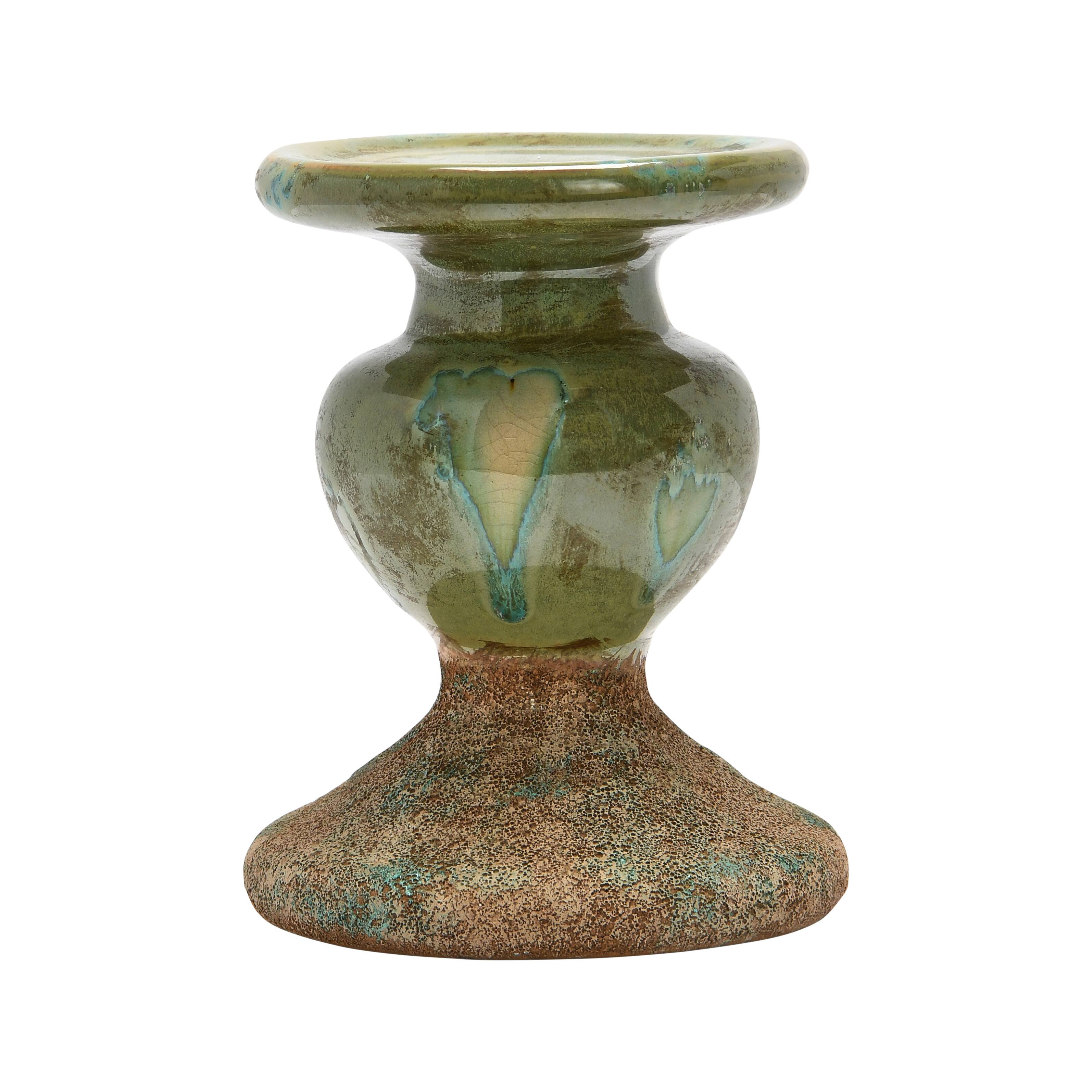 Hello Honey® Distressed Green 2-Tone Sculptural Terracotta Pillar Candle Holder