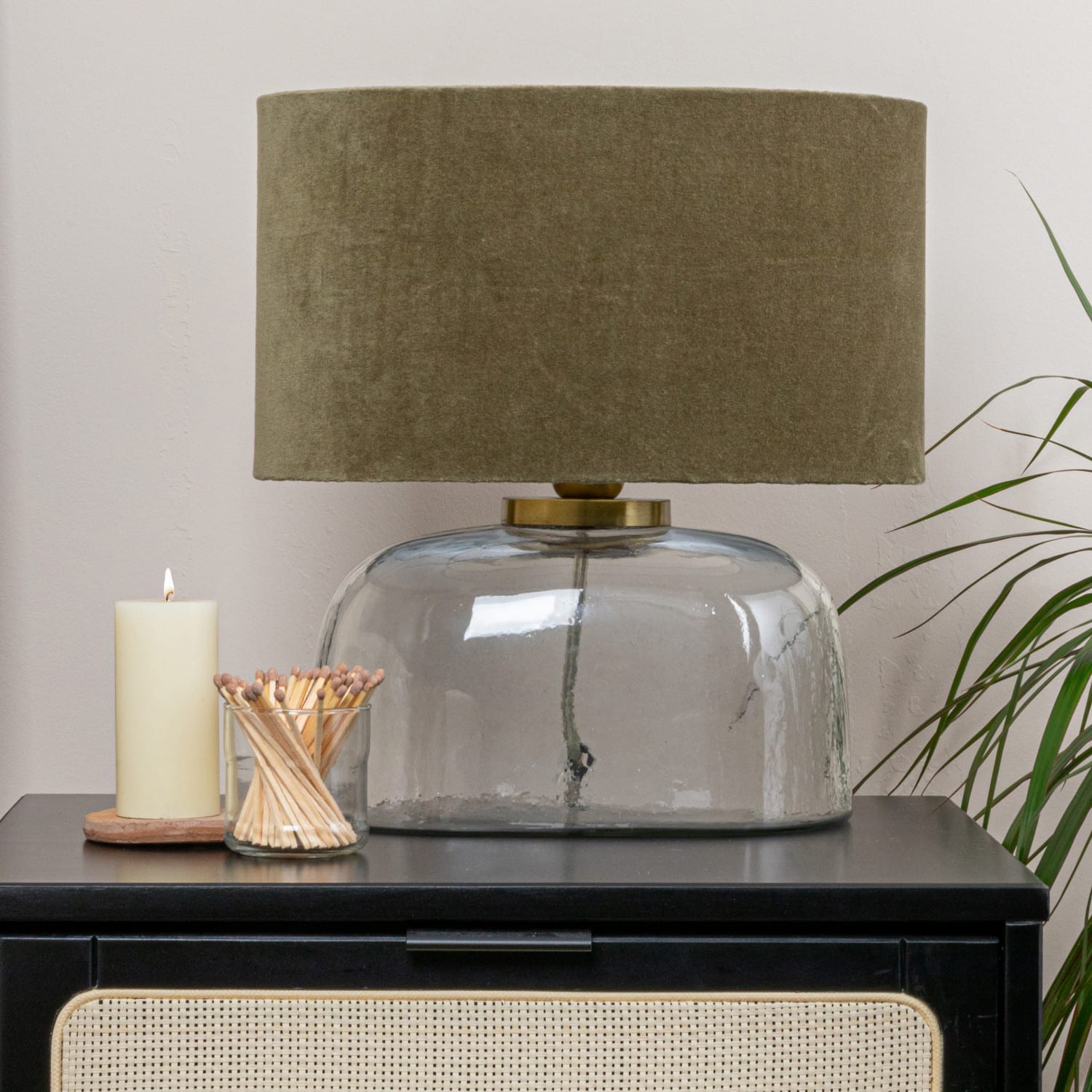 14&#x22; Modern Table Lamp with Glass Base &#x26; Green Velvet Shade